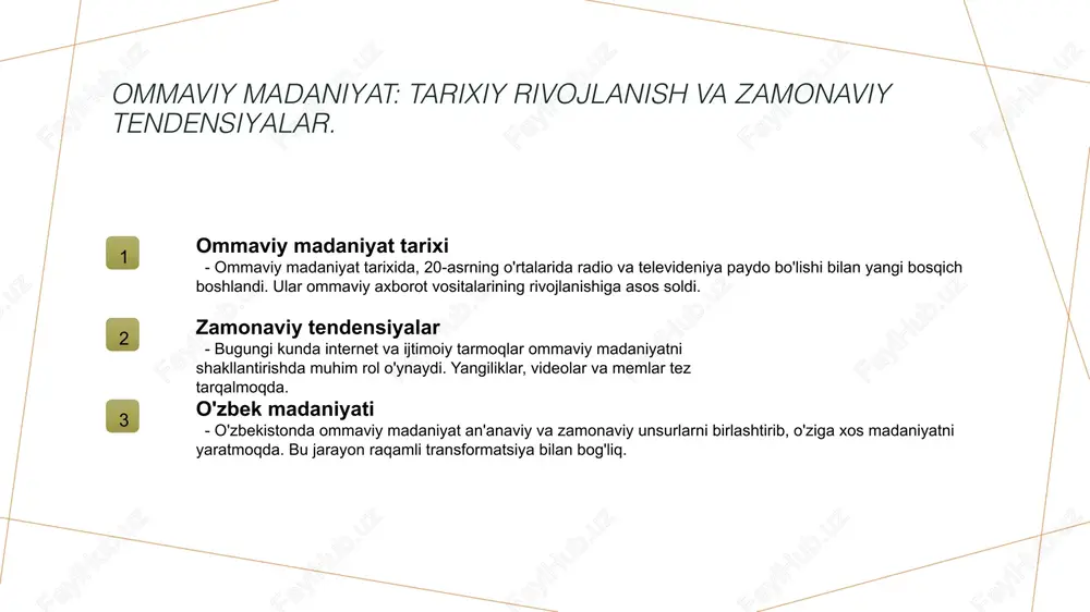 t va texnologiyalar, xalqning madaniy identitetini saqlash va rivojlantirishda muhim ahamiyatga ega, bu esa ijtimoiy aloqalarni mustahkamlaydi. o'zbek mediasining tarixiy rivojlanishi: asosiy bosqichlar va voqealar. 1 o'zbek media tarixiga kirish - o'zbek mediasining tarixi 19-asrning oxiridan boshlanadi, bu davrda birinchi gazetalar chop etila boshlandi, madaniyat va siyosiy fikrni rivojlantirishda muhim rol o'ynadi. 2 o'zbek televideniyası - 1956-yilda o'zbek televideniyasining tashkil etilishi, mamlakatda axborot tarqatish va madaniyatni ommalashtirishda yangi bosqichni boshlab berdi, ko'plab dasturlar yaratildi. 3 internet va raqamli davr - 2000-yillardan boshlab internet va raqamli media o'zbekistonda tez sur'atlar bilan taraqqiy etdi, yangi imkoniyatlar va innovatsion platformalar yaratdi, yosh avlodni jalb qildi. o'zbek televideniyasining o'zgarishi: noyob yutuqlar va muammolar. 1 o'zbek televideniyasining tarixi o'zbek televideniyasi 1956 yilda tashkil topgan bo'lib, dastlabki dasturlar siyosiy va madaniy muammolarga qaratilgan edi. vaqt o'tishi bilan, u rivojlanib, ko'plab janrlarda kontent taklif etdi. 2 texnologik o'zgarishlar so'nggi yillarda raqamli texnologiyalar, masalan, hd va 4k formatlari, …
