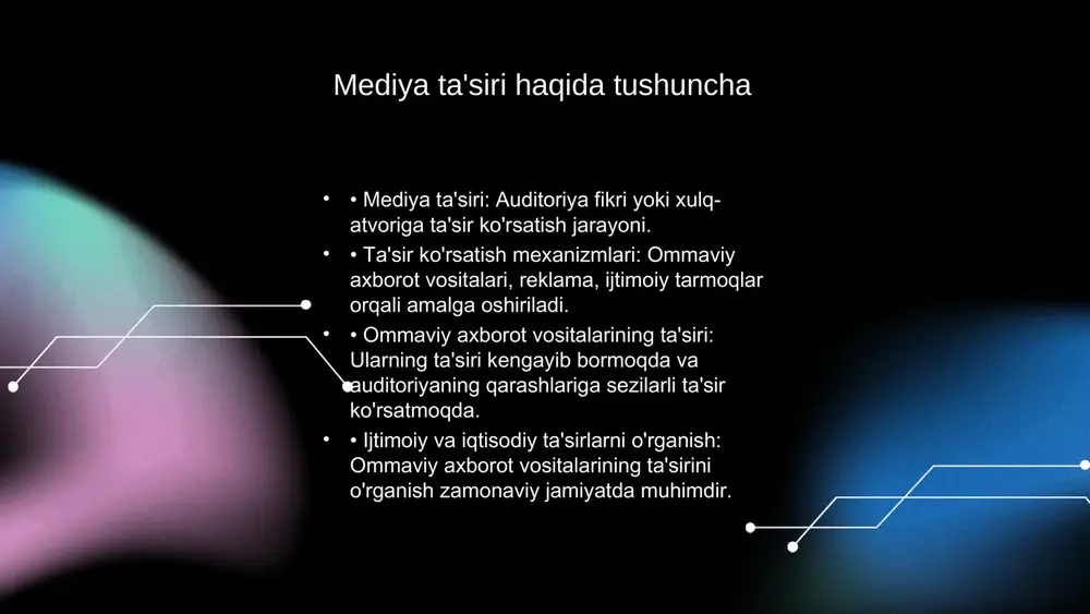 ishini o'rganishga imkon beradi. mediya va auditoriya o'rtasida muvozanat mediya va auditoriya o'rtasida muvozanat yaratish zaruriyati, ijtimoiy barqarorlikni saqlash va ma'lumotning to'g'ri yetkazilishini ta'minlash uchun muhimdir. ommaviy axborot vositalari o'z ma'suliyatlarini tushunishi va auditoriyaga tanlov erkinligi berishi kerak. ta'sirni kamaytirish va axborot sifatini oshirish uchun, mediada muvozanatli yondashuvni ishlab chiqish va amalga oshirish lozim. misol uchun, sifatli axborot va ishonchli manbalarni tanlash orqali auditoriya o'z fikrini mustaqil shakllantirishi mumkin. yangi texnologiyalar va ijtimoiy tarmoqlar, axborot tarqatish jarayonini o'zgartirishi bilan birga, auditoriyaning fikrini shakllantirishda ham muhim rol o'ynaydi, chunki ular tezkor va keng tarqalgan axborot olish imkoniyatini taqdim etadi. photo by altumcode on unsplash ommaviy axborot vositalarida auditoriya psixologiyasi ommaviy axborot vositalari auditoriyaning psixologiyasiga sezilarli ta'sir ko'rsatadi. bu ta'sir asosan uchta asosiy psixologik jarayon orqali amalga oshiriladi: fikrlash, his-tuyg'ular va xulq-atvor. masalan, ommaviy axborot vositalarida tarqatilayotgan xabarlarga auditoriyaning e'tibori va qiziqishi ularning fikrlash jarayonini o'zgartirishi mumkin. shuningdek, ijtimoiy tarmoqlarda ko'rilayotgan kontentlar …