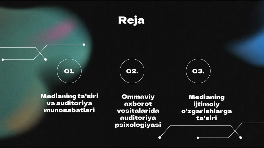 riyaning mediya bilan o'zaro munosabatlarini va xulq- atvorlarini qanday o'zgartirishini o'rganishga imkon beradi. mediya va auditoriya o'rtasida muvozanat mediya va auditoriya o'rtasida muvozanat yaratish zaruriyati, ijtimoiy barqarorlikni saqlash va ma'lumotning to'g'ri yetkazilishini ta'minlash uchun muhimdir. ommaviy axborot vositalari o'z ma'suliyatlarini tushunishi va auditoriyaga tanlov erkinligi berishi kerak. ta'sirni kamaytirish va axborot sifatini oshirish uchun, mediada muvozanatli yondashuvni ishlab chiqish va amalga oshirish lozim. misol uchun, sifatli axborot va ishonchli manbalarni tanlash orqali auditoriya o'z fikrini mustaqil shakllantirishi mumkin. yangi texnologiyalar va ijtimoiy tarmoqlar, axborot tarqatish jarayonini o'zgartirishi bilan birga, auditoriyaning fikrini shakllantirishda ham muhim rol o'ynaydi, chunki ular tezkor va keng tarqalgan axborot olish imkoniyatini taqdim etadi. ommaviy axborot vositalarida auditoriya psixologiyasi • ommaviy axborot vositalari auditoriyaning psixologiyasiga sezilarli ta'sir ko'rsatadi. bu ta'sir asosan uchta asosiy psixologik jarayon orqali amalga oshiriladi: fikrlash, his-tuyg'ular va xulq-atvor. masalan, ommaviy axborot vositalarida tarqatilayotgan xabarlarga auditoriyaning e'tibori va qiziqishi ularning fikrlash jarayonini o'zgartirishi mumkin. …