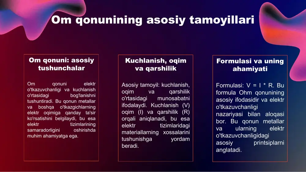 i materiallarning eskirishiga qarab, ohm qonunining amal qilishini buzishi mumkin. bu muammolar, ayniqsa, yuqori quvvatli tizimlarda xavf tug'diradi. s o w t om qonunining tarixiy konteksti georg simon ohm: kashfiyotchisi georg simon ohm, 1789-1854 yillarda yashagan nemis fizigi, elektr toki va kuchlanish orasidagi bog'lanishni o'rganib, ohm qonunini kashf etdi. bu qonun, elektr zanjirlaridagi kuchlanish, tok va qarshilik o'rtasidagi munosabatni belgilaydi. om qonuni va uning ahamiyati ohm qonuni, v = i * r formulasi bilan ifodalanadi, bu yerda v - kuchlanish, i - tok, r - qarshilik. bu qonun, elektr muhandisligida muhim ahamiyatga ega bo'lib, turli elektr tizimlarini loyihalash va tahlil qilishda asosiy qoidalaridan biridir. tarixiy misollar tariqda, ohm qonunining qo'llanilishi bir qator muhim ilmiy tadqiqotlar va ixtirolarga olib keldi. masalan, 19-asrda elektr qurilmalari va tizimlarida ohm qonunidan foydalanish, elektr energiyasining samarali taqsimlanishida asosiy rol o'ynadi. metallar o'tkazuvchanligi: kirish o'tkazuvchanlik tushunchasi o'tkazuvchanlik - bu materialning elektr energiyasini o'tkazish qobiliyatidir. metallarda o'tkazuvchanlik …