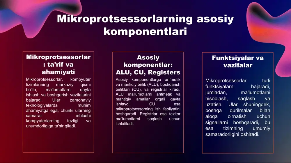 'ri yo'naltirishga yordam beradi. ta'sir etuvchi omillar mikroprotsessorning ishlashiga ta'sir etuvchi omillar orasida issiqlik, kuchlanish, va dasturiy ta'minotning samaradorligi mavjud. ushbu omillar mikroprotsessorning ish faoliyatini, tezligini va energiya sarfini bevosita ta'sir qiladi. tezlik va samaradorlik mikroprotsessorlar yuqori tezlikda ishlash imkonini beradi, bu ulardan keng ko'lamda foydalanishni ta'minlaydi. samaradorlik darajasi ham yuqori bo'lib, ko'p vazifalarni bir vaqtda bajarishga imkon yaratadi. yuqori energiya iste'moli mikroprotsessorlar yuqori energiya iste'molini talab qilishi mumkin, bu esa energiya xarajatlarini oshiradi. shuningdek, narxi ham yuqori bo'lishi mumkin, bu esa ularni xarid qilishda muammolar tug'diradi. texnologik rivojlanish texnologik rivojlanish va innovatsiyalar mikroprotsessorlarning yangi imkoniyatlarini ochadi, bu esa ularning ishlashini yanada yaxshilaydi. ushbu sohada qo'shimcha tadqiqotlar va rivojlanishlar amalga oshirilmoqda. bozor raqobati bozor raqobati kuchayishi mikroprotsessor ishlab chiqaruvchilari uchun qiyinchiliklar tug'diradi, chunki yangi va raqobatbardosh mahsulotlar paydo bo'lmoqda. bu bozorning o'zgaruvchanligini oshiradi. s o w t risc va cisc arxitekturasi nima? risc (reduced instruction set computer) va cisc (complex …