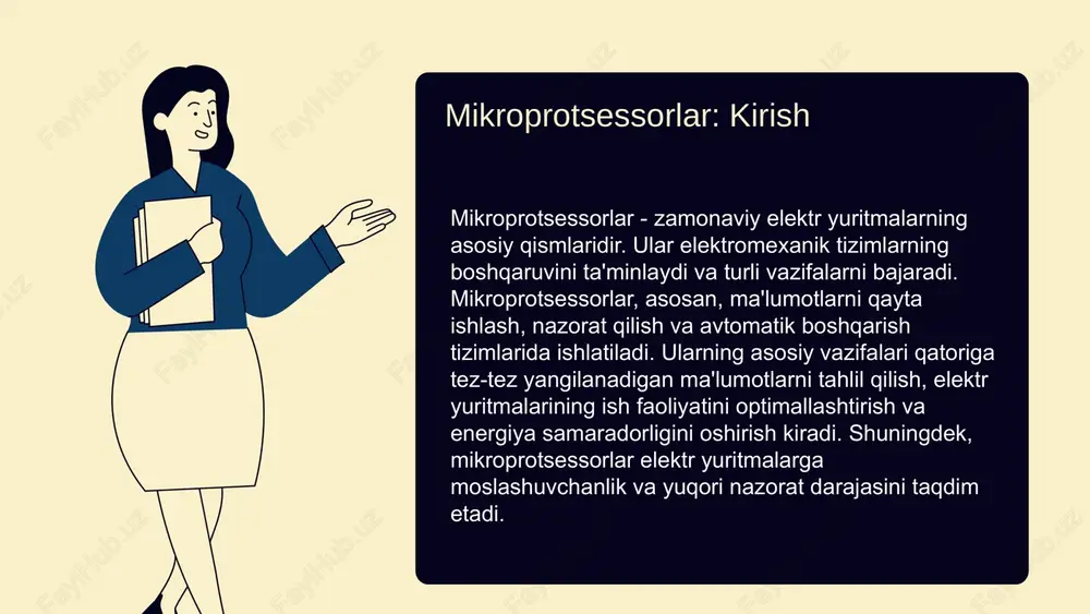 n energiya miqdorini kamaytirish mumkin, bu esa iqtisodiy jihatdan foydali bo'ladi. aniq boshqarish usullari aniq boshqarish usullari mikroprotsessorli tizimlar orqali amalga oshiriladi, bu esa tizimlarning harakatini va ish faoliyatini yaxshilash uchun zarur. masalan, avtomatik nazorat tizimlari yordamida, tizimlar foydalanuvchi talablariga mos ravishda o'zgarishlar kiritish imkoniyatiga ega. bu esa umumiy samaradorlikni yanada oshiradi va energiya sarfini kamaytiradi. yangi texnologiyalar mikroprotsessorli boshqaruv tizimlari kelajakda yanada rivojlanib, yangi texnologiyalar bilan boyitiladi. masalan, iot (internet of things) orqali qurilmalar o‘rtasida ma’lumot almashish imkoniyatlari kengayadi. bu, energiya samaradorligini oshirish va boshqaruv jarayonlarini optimallashtirishga yordam beradi. innovatsiyalar innovatsiyalar mikroprotsessorli tizimlarda dasturiy ta’minot va apparat tarafidan ilg‘or yechimlarni taqdim etadi. sun’iy intellekt va mashina o‘rganish texnologiyalari yordamida tizimlarni yanada aqlli va moslashuvchan qilish mumkin. bu, foydalanish samaradorligini oshiradi va xarajatlarni kamaytiradi. elektr yuritmalarda o‘rin mikroprotsessorli boshqaruv tizimlari elektr yuritmalarda muhim rol o‘ynaydi. ular samarali energiya boshqaruvi, avtomatlashtirish va ishlab chiqarish jarayonlarini yaxshilashga yordam beradi. bu texnologiyalar, kelajakda …