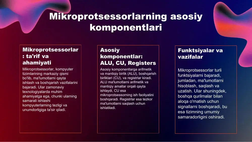 ni to'g'ri yo'naltirishga yordam beradi. ta'sir etuvchi omillar mikroprotsessorning ishlashiga ta'sir etuvchi omillar orasida issiqlik, kuchlanish, va dasturiy ta'minotning samaradorligi mavjud. ushbu omillar mikroprotsessorning ish faoliyatini, tezligini va energiya sarfini bevosita ta'sir qiladi. tezlik va samaradorlik mikroprotsessorlar yuqori tezlikda ishlash imkonini beradi, bu ulardan keng ko'lamda foydalanishni ta'minlaydi. samaradorlik darajasi ham yuqori bo'lib, ko'p vazifalarni bir vaqtda bajarishga imkon yaratadi. yuqori energiya iste'moli mikroprotsessorlar yuqori energiya iste'molini talab qilishi mumkin, bu esa energiya xarajatlarini oshiradi. shuningdek, narxi ham yuqori bo'lishi mumkin, bu esa ularni xarid qilishda muammolar tug'diradi. texnologik rivojlanish texnologik rivojlanish va innovatsiyalar mikroprotsessorlarning yangi imkoniyatlarini ochadi, bu esa ularning ishlashini yanada yaxshilaydi. ushbu sohada qo'shimcha tadqiqotlar va rivojlanishlar amalga oshirilmoqda. bozor raqobati bozor raqobati kuchayishi mikroprotsessor ishlab chiqaruvchilari uchun qiyinchiliklar tug'diradi, chunki yangi va raqobatbardosh mahsulotlar paydo bo'lmoqda. bu bozorning o'zgaruvchanligini oshiradi. s o w t risc va cisc arxitekturasi nima? risc (reduced instruction set computer) va cisc …