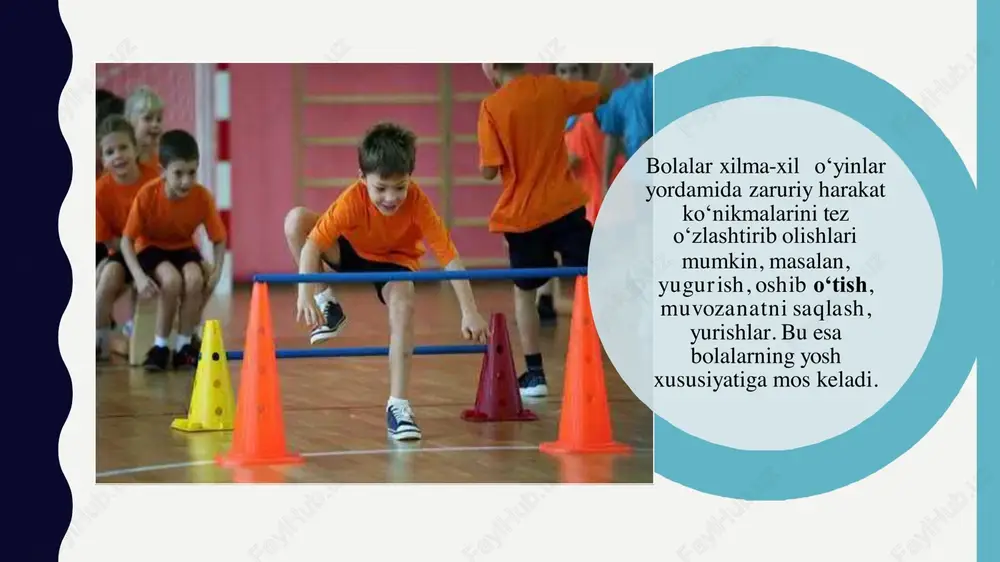 rganizimning boshqa tizimlariga ijobiy taʼsir koʻrsatadi. harakatli ifodalaydi. oʻyinlar xar doim his-tuygʻuni oʻyinni tanlash, eng avvalo, mashgʻulot oldiga qoʻyilgan vazifa boʻladi. chunki uni aniqlashda, instruktor bolalarning yosh xususiyatlarini, ularning rivojlanishini, jismoniy tayyorgarligini, bolalar sonini va oʻyinni oʻtkazish sharoitini hisobga oladi. harakatli oʻyinlarda 3 dan 300 tagigacha kishi qatnashish mumkin. o‘yin tarbiyalash va xordiq chiqarish vositalaridan biri. o‘yin insoiiyatning butun tarixi mobaynida diniy marosim, harbiy va boshqa mashqlar, shuningdek, sanʼat ayniqsa uning ijro shakllari bilan qo‘shilib kelgan. odamzod tarixining dastlabki davrlarida o‘yinlar hayotda muhim o‘rin tutgan. o‘yinlar yordamida insoniyat o‘sgan, ulg‘aygan, chiniqqan, jismonan baquv vat bo‘lgan, aqlan-ruhan rivojlangan, maʼnaviy kamol toptan. harakatli o‘yinlarni maktab o‘quvchilarida jismoniy rivojlanishida taʼsiri harakatli o‘yinlar bolalarning jismoniy jihatdan yaxshi o‘nib o‘sishlariga salomatliklari yaxshilanishiga, chiniqishlariga, organizimlarning va umumiy ish qobiliyatlarining yanada mustahkamlashga yordam beradi. harakatli va sport o‘yinlari har qanday sport o‘yini xalq harakatli o‘yinlaridan kelib chiqqan va uning eng yuqori shakli hisoblanadi. buni biz basketbol, voleybol, …