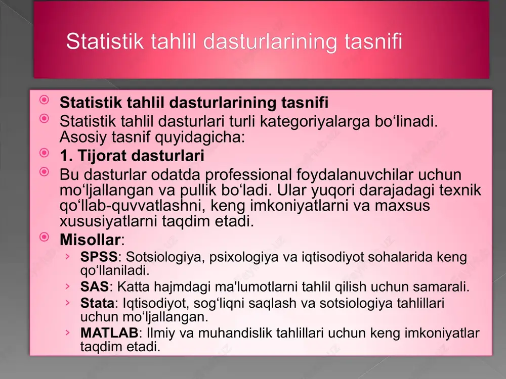 ss — sotsiologiya, psixologiya, biznes va ilmiy tadqiqotlar sohalarida keng qo‘llaniladigan statistik tahlil dasturidir. u katta hajmdagi ma’lumotlarni tezda tahlil qilish imkonini beradi.afzalliklari:kengaytirilgan statistik metodlar (anova, regressiya tahlili, faktor tahlili va h.k.).vizualizatsiya imkoniyatlari (diagrammalar va grafikalar).keng qo‘llaniladigan statistik testlar va model tahlillari.foydalanuvchilar uchun qulay interfeys. kamchiliklari: pullik dastur bo‘lib, yuqori narxi mavjud. kichik va o‘rta hajmdagi tahlillar uchun oson ishlatilsa-da, katta ma'lumotlar bilan ishlashda ba'zi cheklovlar mavjud. qo‘llanilishi: spss ilmiy tadqiqotlarda, so‘rovnoma tahlillarida, tibbiyot va psixologiya sohalarida ishlatiladi. ko‘pincha ijtimoiy fanlar va iqtisodiyotda foydalaniladi. spss (statistical package for the social sciences) r dasturi r — ochiq kodli, bepul statistik tahlil dasturi bo‘lib, turli statistika va ma'lumotlarni tahlil qilish, shuningdek, ma'lumotlarni vizuallashtirish uchun keng qo‘llaniladi.afzalliklari:ochiq kodli va bepul.kengaytirilgan statistik metodlar va kutubxonalar (pandas, ggplot2, dplyr, va boshqalar).kuchli vizualizatsiya imkoniyatlari (interaktiv grafikalar).katta hajmdagi ma’lumotlarni tahlil qilish uchun mos.foydalanuvchilar tomonidan modifikatsiya qilish va yangi funksiyalar qo‘shish imkoniyati. kamchiliklari: dasturdan foydalanish uchun dasturlashni bilish …