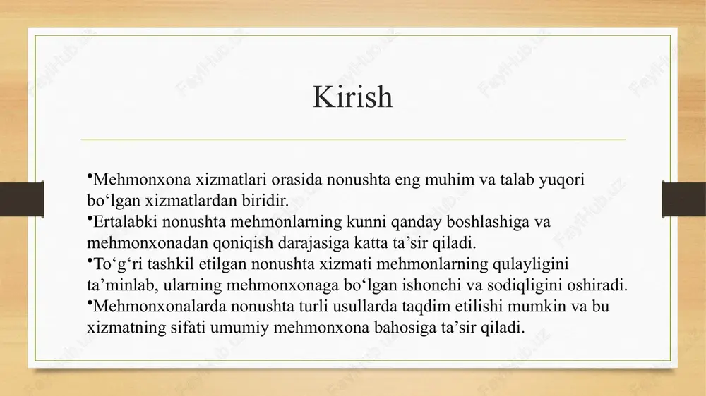 asini oshiradi. mehmonlar uchun qulay nonushta muhitini yaratish tozalik va gigiyena – oshxona va nonushta hududi gigiyena talablariga javob berishi, idish-tovoqlar toza bo‘lishi lozim. yorug‘ va qulay muhit – xona yetarli darajada yoritilgan, shinam va mehmonlar uchun qulay bo‘lishi kerak. orqa fonda yoqimli musiqa ham muhitni yaxshilaydi. xushmuomala va tezkor xizmat – xodimlar mehmonlarga mehribon va e’tiborli bo‘lishi, buyurtmalar o‘z vaqtida yetkazilishi muhimdir. nonushta tayyorlash jarayoni mahsulotlarni tanlash va saqlash – faqat yangi va sifatli mahsulotlardan foydalanish, to‘g‘ri saqlash sharoitlarini ta’minlash muhim. oshpazlar va ofitsiantlarning vazifalari – oshpazlar taomlarni sifatli va tez tayyorlashi, ofitsiantlar esa mehmonlarga xushmuomala xizmat ko‘rsatishi lozim. nonushta vaqtini belgilash va mijozlarni ogohlantirish – mehmonlar nonushta vaqtidan oldindan xabardor qilinishi, jadval qulay va tartibli bo‘lishi kerak. mehmonxonalarda nonushta xizmati sifatini oshirish mijozlar fikr-mulohazalarini yig‘ish – so‘rovnomalar, sharhlar va bevosita fikr almashish orqali mehmonlarning istak va talablarini o‘rganish. yangi taomlarni joriy etish – mehmonlarning didiga mos ravishda yangi …