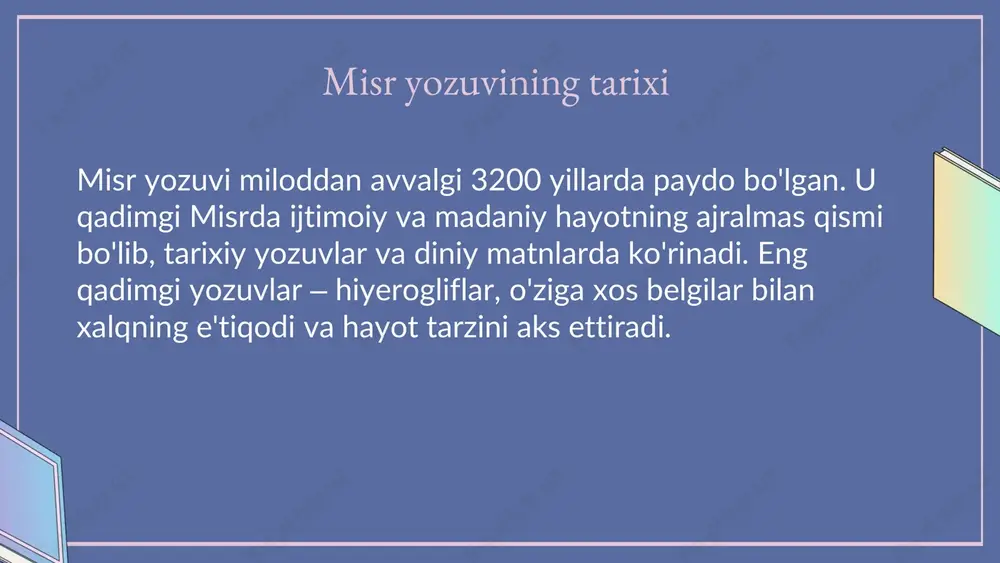 niy maqsadlarda foydalanilgan, u asosan bo'ri suyaklari va tortishishlarda o'qilgan. o'rta davrda yozuv rivojlanib, yangi belgilar va qoidalar paydo bo'ldi, bu esa yozuvni yanada murakkablashtirdi. zamonaviy davrda esa xitoy yozuvi global muloqotda muhim rol o'ynaydi, unda piktogramma va ideogrammalar orqali ma'lumotlarni ifodalash keng tarqalgan. 01 03 02 04 xitoy yozuvining rang-barangligi qadimgi yozuvlar, masalan, seal script, va zamonaviy yozuvlar, masalan, simplified chinese, o'rtasida muhim farqlar mavjud. misol: kaligrafiya - an'anaviy uslub; chizilgan - arxiv uchun; bosma uslub - zamonaviy aloqa uchun. xitoy yozuvi turli xil uslublarga ega, jumladan, rasmiy, clerical va kaligrafiya uslublari. har bir yozuv turi o'ziga xos xususiyatlarga ega, masalan, kaligrafiya san'at sifatida qadrlanadi. photo by ashkan forouzani on unsplash https://unsplash.com/@ashkfor121?utm_source=ai_slide_maker&utm_medium=referral https://unsplash.com/photos/four-men-sitting-beside-table-irdprsdozli?utm_source=ai_slide_maker&utm_medium=referral xitoy yozuvi va madaniyat xitoy yozuvi uning madaniyatida muhim rol o'ynaydi. u nafaqat kommunikatsiya vositasi, balki tarixiy meros va ijtimoiy identifikatsiya belgisi hisoblanadi. xitoy yozuvi orqali milliy identitiy va an'analar saqlanadi. xitoy yozuvi san'at va adabiyotga …