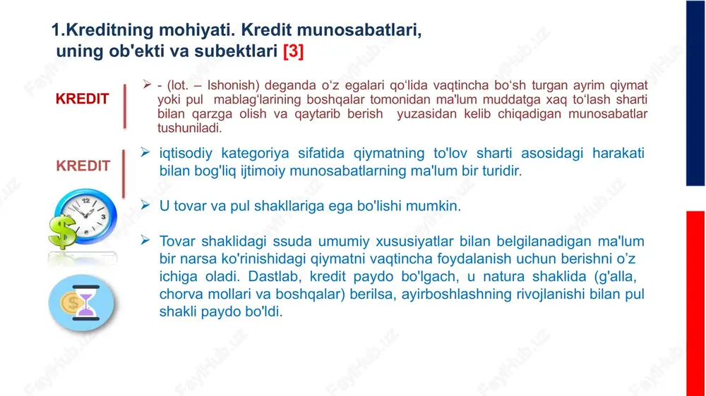 ifodasidir. kredit funktsiyalari qarz oluvchi va qarz beruvchi o'rtasidagi individual munosabatlarga emas, balki butun kredit munosabatlariga taalluqlidir. kreditning funksiyasi – bu kreditning iqtisodiyotdagi faoliyatining muayyan ravishda namoyon bo‘lishidir. kredit nazariyasida kredit funktsiyalarining soni va mazmuni bo'yicha qarashlar birligi mavjud emas. biroq kredit mohiyatining namoyon bo`lishi uning qayta taqsimlash funktsiyasi, muomalaning kredit vositalarini yaratish funksiyasi, rag'batlantiruvchi funktsiyalar ekanligini hamma tan oladi [5] beloglazova g. n. dengi. kredit. banki: uchebnik.– m.:visshee obrazovanie, 2009. – 123 s. source: volok-go.ru kreditning funksiyalari [2] o'z mablag'lari mavjud bo'lmagan holda ishlab chiqarishni rivojlantirish imkoniyatida namoyon bo'ladi kredit munosabatlari bo‘sh pul mablag‘larini muhtojlar foydasiga qayta taqsimlash imkonini beradi muomaladagi kredit fondlari alohida bank tomonidan emas, balki butun moliya tizimi tomonidan yaratiladi kreditning asosiy funktsiyalari emissiya funksiyasi rag'batlanti-ruvchi funktsiya qayta taqsimlovchi funktsiya iqtisodiy kategoriya sifatida kredit quyidagi tamoyillarga ega [2] 1. kreditning kaytarilishi 2.kreditning muddatliligi 3.kreditni ta’minlanganligi 4.to’lovlilik 5.kreditning maqsadliligi 6.kreditning samaradorligi kredit tamoyillari gaytarilishi bank mablag'larni faqat …