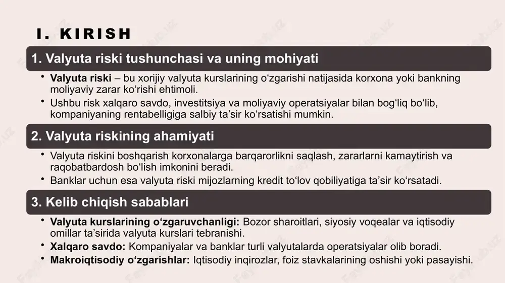 qarorlikni saqlashga qaratilgan chora-tadbirlar. 3. analitik ma’lumot: o‘zbekistonning 2022-yildagi iqtisodiy ko‘rsatkichlariga ko‘ra, so‘mning dollarga nisbatan 10,5% zaiflashishi savdo balansiga salbiy ta’sir ko‘rsatgan. bu esa import qiluvchi kompaniyalar xarajatlarini oshirgan va inflyatsiyani kuchaytirgan. vi. valyuta riskining xalqaro biznesda ahamiyati 1. xalqaro savdo: valyuta kurslarining o‘zgarishi xalqaro savdo narxlariga ta’sir qiladi. eksport qiluvchilar va import qiluvchilar kurslarning barqaror bo‘lishidan manfaatdor. 2. xorijiy investitsiyalar: valyuta riskini nazorat qilish investitsiya loyihalari uchun muhim. xorijiy investorlar kurs tebranishlari tufayli kutgan daromadlarini olmaslik xavfini kamaytirish uchun xedjlash usulini qo‘llaydi. 3. analitik ma’lumot: jahon iqtisodiyoti doirasida valyuta kurslarining o‘zgaruvchanligi kompaniyalarning daromadiga o‘rtacha 5-15% oralig‘ida ta’sir qilmoqda. vii. valyuta riskining kelajakdagi boshqaruv istiqbollari innovatsion boshqaruv: sun’iy intellekt va big data yordamida risklarni prognozlash. algoritmik modellar orqali kurslar o‘zgarishini oldindan ko‘rish. barqaror rivojlanish strategiyalari: xalqaro savdoda yangi texnologiyalar va raqamli valyutalar orqali risklarni kamaytirish. blockchain texnologiyalari yordamida valyuta operatsiyalarining shaffofligini oshirish. analitik ma’lumot: 2030-yilga kelib, xalqaro kompaniyalarning 80% valyuta …