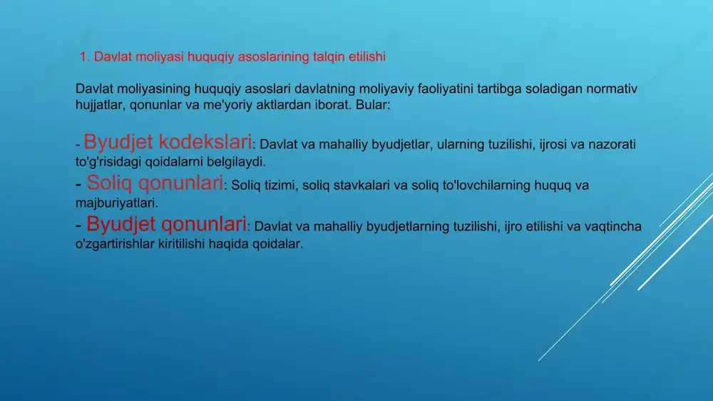 i. huquqiy tizimni takomillashtirish orqali davlat moliyasi samaradorligini oshirish, davlat va jamiyat o'rtasidagi ishonchni mustahkamlash va jamiyatda ijtimoiy barqarorlikni ta'minlash mumkin. bu jarayonlar bir-biri bilan bog'liq bo'lib, o'zaro rivojlanishi va mustahkamlanishi lozim. shu tariqa, davlat moliya tizimidagi islohotlar huquqiy asosni kuchaytirish orqali davlat boshqaruvini yaxshilash, shaffoflikni oshirish va moliyaviy resurslardan samarali foydalanishni ta'minlashga qaratilgan. etiboringiz uchun raxmat !