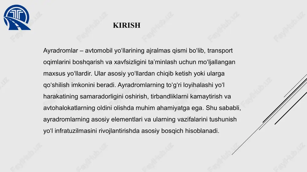 lliqligini ta’minlashga yordam beradi. qo‘shilish chizig‘i yo‘l belgilar va belgilangan qoidalarga muvofiq harakat qilishni talab qiladi. asosiy elementlari – kengaytma qismi kengaytma qismi — ayradromning kengayib, qo‘shimcha harakat qatori hosil qiladigan elementi hisoblanadi. bu qism transport vositalarining asosiy yo‘lga qo‘shilishi yoki undan chiqishi jarayonini osonlashtiradi. kengaytma qismi harakat oqimini tartibga solish va harakat vaqtida yuzaga kelishi mumkin bo‘lgan to‘qnashuvlar xavfini kamaytirishga yordam beradi. shuningdek, kengaytma yo‘lning o‘tish qismida transport vositalariga qo‘shimcha joy berib, harakatning silliqligini ta’minlaydi yo‘l belgilari va chiziqlar ayradromlarda yo‘l belgilar va chiziqlar harakatni tartibga solishda muhim ahamiyatga ega. maxsus belgilar haydovchilarga yo‘l harakati qoidalari, harakat tezligi, yo‘lning qaysi qismida qo‘shilish yoki chiqish mumkinligi haqida ma’lumot beradi. chiziqlar esa harakat yo‘nalishini belgilab, transport oqimining xavfsizligini ta’minlaydi. to‘g‘ri o‘rnatilgan yo‘l belgilar va chiziqlar yo‘l harakati xavfsizligini oshiradi va avtohalokatlarning oldini olishga yordam beradi. ayradromlarda tezlik rejimi ayradromlarda harakat xavfsizligini ta’minlash uchun maxsus tezlik rejimi joriy etilgan. kirish va chiqish …
