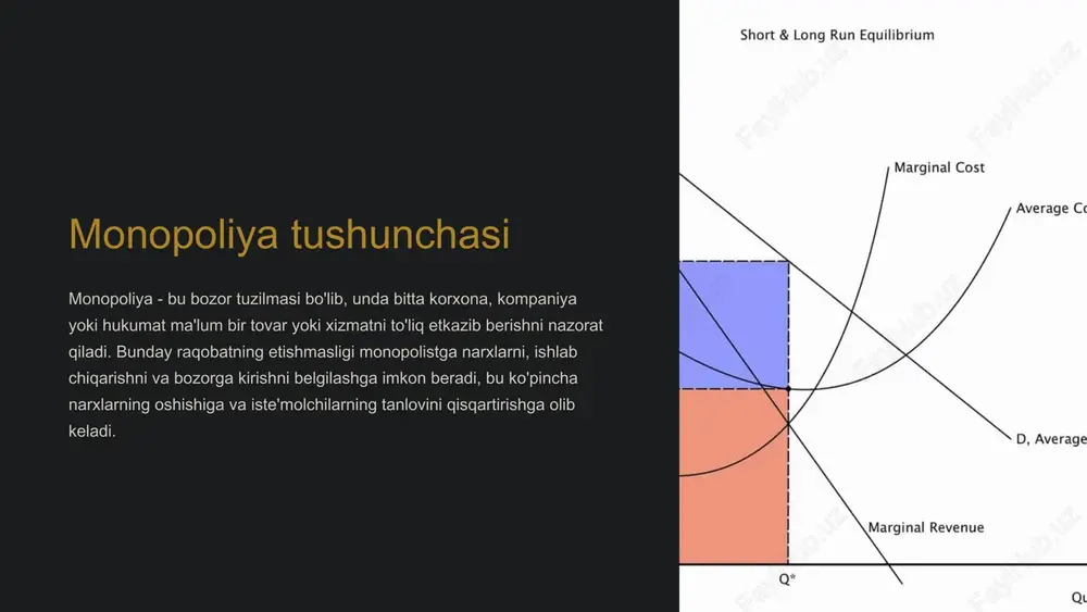 iriktirishlari mumkin. biroq, monopoliyaga qarshi qonunlar raqobatga qarshi muayyan xatti-harakatlarni cheklaydi. 8 kirish to'siqlari masshtab iqtisodlari: yirik kompaniyalar ommaviy ishlab chiqarish orqali bir birlik uchun xarajatlarni kamaytirishi mumkin, bu esa kichikroq firmalarning raqobatini qiyinlashtiradi. tarqatish kanallariga kirish: tashkil etilgan firmalar asosiy tarqatish tarmoqlarini nazorat qilishi mumkin, bu esa yangi ishtirokchilarga o'z mahsulotlarini bozorga chiqarishni qiyinlashtiradi. intellektual mulk huquqlari: patentlar, mualliflik huquqlari va savdo belgilari firmaning innovatsiyalari va texnologiyalarini himoya qilishi mumkin, bu esa raqobatchilarning oldini oladi. 9 monopoliyaning afzalliklari va kamchiliklari narxlash kuchi monopoliyalar raqobat tahdidisiz yuqori narxlarni belgilashlari mumkin, daromadning oshishidan foyda olishadi. samaradorlik monopoliyalar miqyosda iqtisodga erishishi va operatsiyalarni soddalashtirishi, potentsial ravishda mahsulot/xizmatlarni arzon narxlarda taklif qilishi mumkin. bo'g'ilgan innovatsiya monopoliyalar innovatsiyalar uchun rag'batlanmasligi mumkin, chunki ular takliflarini yaxshilash yoki kengaytirish uchun hech qanday bosimga duch kelmaydilar. iste'molchi zarari monopoliyalar iste'molchilarni yuqori narxlarni qo'llash va pastroq sifatni taklif qilish orqali ekspluatatsiya qilishi mumkin. 10 xulosa va asosiy xulosalar …