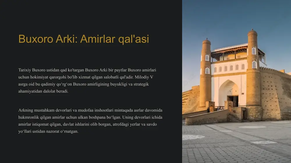 aqiqiy meʼmorchilik durdonasidir. g‘ishtdan qurilgan bu ajoyib konstruksiyada murakkab geometrik naqshlar va kalligrafik naqshlar mavjud bo‘lib, ular somoniylar davrining mohir hunarmandchiligini namoyish etadi. ajoyib firuza koshinlar va kemerli tokchalar bilan bezatilgan maqbara mintaqaning boy madaniy merosidan dalolat beradi. uning nafis gumbazli peshtoqi va bezakli fasadi uni buxorodagi eng mashhur va yaxshi saqlangan yodgorliklardan biriga aylantiradi. 9 chashma ayub ziyoratgohi: afsonaviy shifobaxsh suvlar chashma ayub ziyoratgohi buxorodagi chashma ayub ziyoratgohi ayub payg‘ambar bilan bog‘liq bo‘lgan hurmatli ziyoratgoh hisoblanadi. afsonaga ko'ra, ayub o'z tayog'i bilan urganida erdan mo''jizaviy buloq paydo bo'lgan. afsonaviy shifobaxsh kuchlari chashma ayub ziyoratgohidagi buloq shifobaxsh xususiyatga ega bo‘lib, uzoq-yaqindan tashrif buyuruvchilarni uning tinchlantiruvchi suvlarida cho‘milish va dardlarga davo izlashga jalb etishiga ishoniladi. arxitektura ulug'vorligi ziyoratgoh majmuasida nafis koshinlar, bezakli gumbazlar va murakkab mozaikalar mavjud bo'lib, ular o'zbekiston me'moriy merosining ajoyib san'ati va hunarmandchiligini namoyish etadi. 10 xulosa: buxoroning boy merosini o‘rganish buxoroning tarixiy obidalari markaziy osiyoning meʼmoriy yorqinligi …