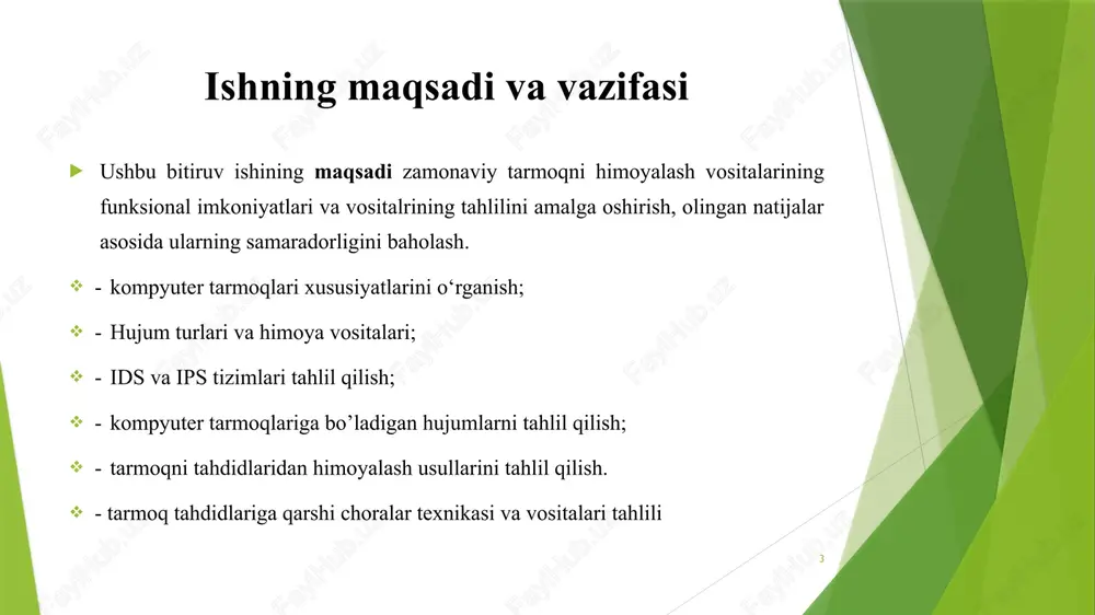 hish; (denial‒of‒service) tarmoqlararo ekran texnologiyasi (firewall) ipsec( internet protocol security) protokoli; portlarni tekshirish (port scanning) tarmoqlararo ekran texnologiyasi (firewall) 7 ids va ips tizimlari 8 ids, ips va firewall 9 prametr firewall ips ids to‘liq nomi firewall intrusion prevention system intrusion detection system ta’rif xavfsizlik devori oldindan belgilangan qoidalarga asoslangan kiruvchi va chiquvchi tarmoq trafigini filtrlaydigan tarmoq xavfsizligi qurilmasi ips - trafikni tekshiradigan, aniqlaydigan, tasniflaydigan va keyin hujumdan zararli trafikni profilaktik ravishda to‘xtatadi. ids - bu zararli faoliyat yoki siyosat qoidalari buzilganligi uchun traffikni kuzatuvchi va aniqlanish haqida ogohlantirish yuboradigan qurilma yoki dasturiy ta'minot dasturi. ishlash prinsipi ip manzili va port raqamlariga asoslangan trafikni filtrlaydi real vaqtda trafikni tekshiradi va trafik nusxalarini yoki hujum imzolarini izlaydi va keyin hujumlarni amalga oshirishga to‘sqinlik qiladi real vaqtda trafikni tekshiradi va trafik nusxalarini yoki hujum imzolarini izlaydi va ular haqida ogohlantiradi. konfiguratsiya rejimi 3-qatlamli rejim yoki shaffof rejim ichki tarmoq rejimida, odatda 2-sathda …