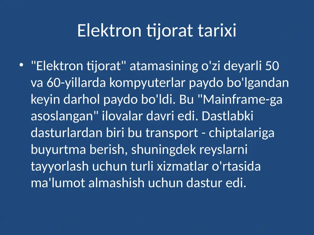 esni osonlashtirish uchun moliyaviy ma'lumotlar almashish uchun internetdan foydalanadilar. ma'lumotlarning yaxlitligi va xavfsizligi elektron tijoratning dolzarb muammolari. elektron tijorat maqsadlari : tannarxni pasaytirish; ishlab chiqarish vaqtini qisqartirish; mijozlarning talablarini tezlashtirish; xizmat ko'rsatish sifatini oshirish. elektron tijoratning iqtisodiy sharoitf sezilarli darajada va quyidagicha ta'siri: narxlarga ta'siri - elektron bozorni yaratishdan boshqa narsa yo'q iste'molchilarni qidirishni osonlashtiradigan ma'lumotlarning kombinatsiyasi sifatida nafaqat tovarlar, balki eng maqbul narx; ishlab chiqarish samaradorligining pasayishi hisobiga tranzaktsiya xarajatlari, raqobatning kuchayishi va oshkora biznes bilan shug'ullanish; inventarizatsiyani qisqartirish - ma'lumotlar asta-sekin real bilan almashtirilmoqda zaxiralar, chunki ularni ortiqcha saqlash foydasiz, chunki tarkibiy qismlarni iste'mol qilish jarayonini to'g'ri tasavvur qiling. elektron tijorat quyidagilarni modelarni o'z ichiga oladi: elektron ma'lumotlar almashinuvi (electronis data interchange), elektron pul o'tkazmalari (electronic funds transfer), elektron tijorat (e-trade), elektron pullar (e-cash), elektron marketing (e-marketing), elektron bank (e-banking), elektron sug'urta xizmatlari (e-insurance). elektron tijoratning bozorlar va chakana sotuvchilarga ta'siri. elektron tijorat mijozlarga geografik to'siqlarni engib o'tishga …