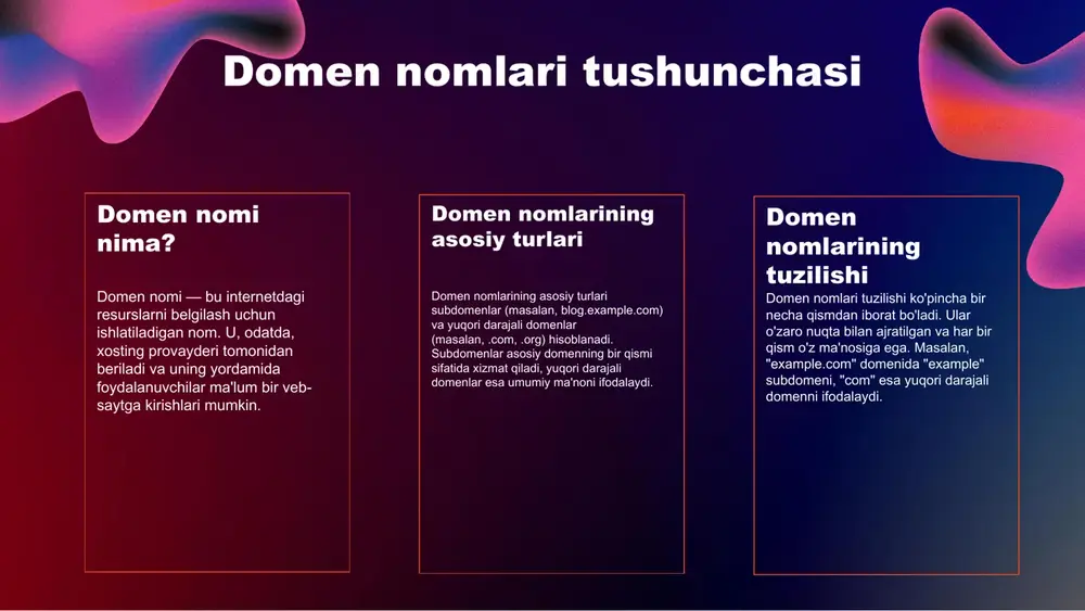 di. raqobatning kuchayishi ochiq tarmoq hududlaridagi raqobat kuchayishi, domen nomlari bozorida qiyinchiliklar keltirishi mumkin. boshqa xizmatlar va raqobatchilar, foydalanuvchilarni o'zlariga jalb qilish uchun kuchli strategiyalarni amalga oshirishlari mumkin. s o w t domen nomlarining kelajagi o'zgarishlar va tendensiyalar kelajakda domen nomlari o'zgarishlarga uchraydi, bu esa raqobat va innovatsiyalarni oshiradi. yangi texnologiyalar va internetning kengayishi natijasida domen nomlariga talab ortadi. yangi domen kengaytmalari yangi domen kengaytmalari, masalan, .app, .blog, va .shop kabi kengaytmalar, biznes va individual foydalanuvchilarga o'z brendini yaxshiroq ifodalash imkonini beradi. bunday kengaytmalar internetda ko'proq tanlov va moslashuvchanlik yaratadi. internet va domenlar internetning rivojlanishi domen nomlarining ahamiyatini oshiradi, chunki ko'proq foydalanuvchilar onlayn bo'lib, yangi xizmatlar va platformalar yaratilmoqda. domen nomlari internetdagi mavjudlik va brendning tanilishi uchun muhim rol o'ynaydi. ochiq tarmoq hududlari turlari ochiq tarmoq hududlari ta'rifi ochiq tarmoq hududlari, keng jamoatchilikka ochiq bo'lgan va resurslarga kirish imkonini beruvchi tarmoqlardir. ular global va mahalliy darajada xizmatlar, ma'lumotlar almashishi va …