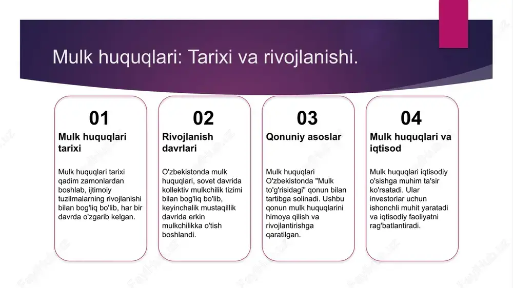 ko'plab muammolar, masalan, korrupsiya va sud tizimidagi kamchiliklar mavjud bo'lib, bu huquqlarning qo'llanilishiga salbiy ta'sir ko'rsatadi. 4 kelajakdagi istiqbollar - mulkchilik huquqlarini yaxshilash va samarali amalga oshirish uchun, o'zbekistonda xalqaro standartlarga mos keluvchi me'yoriy hujjatlar va amaliyotlarni rivojlantirish zarur. o'zbekistondagi mulkchilikning iqtisodiy o'sishga ta'siri. 1 mulkchilikning roli o'zbekistonda mulkchilik iqtisodiy o'sishda muhim rol o'ynaydi, chunki u investitsiyalarni jalb qilish va biznes faoliyatini rivojlantirishga yordam beradi. 2 innovatsiyalar va o'sish mulkchilik strukturasi innovatsiyalarni qo'llab-quvvatlaydi, shuningdek, yangi ish o'rinlari yaratish orqali iqtisodiy o'sishni rag'batlantiradi. 3 ijtimoiy ta'sir mulkchilik tizimlari ijtimoiy tenglikni ta'minlashda muhim ahamiyatga ega, bu esa iqtisodiy o'sishga ijobiy ta'sir ko'rsatadi va jamiyatni barqarorlashtiradi. mulkchilik va iqtisodiy tizimlar: o'zbekistonning global integratsiyasi. 1 mulkchilik tizimlari o'zbekistonda mulkchilik tizimlari tarixan davlat va xususiy mulk o'rtasida muvozanatni saqlashga intiladi, bu esa iqtisodiy integratsiyani kuchaytiradi. 2 global integratsiya o'zbekistonning global iqtisodiy tizimlarga integratsiyasi, xalqaro savdo va investitsiyalarni jalb qilish orqali mulk huquqlarini mustahkamlashda muhim ahamiyatga …