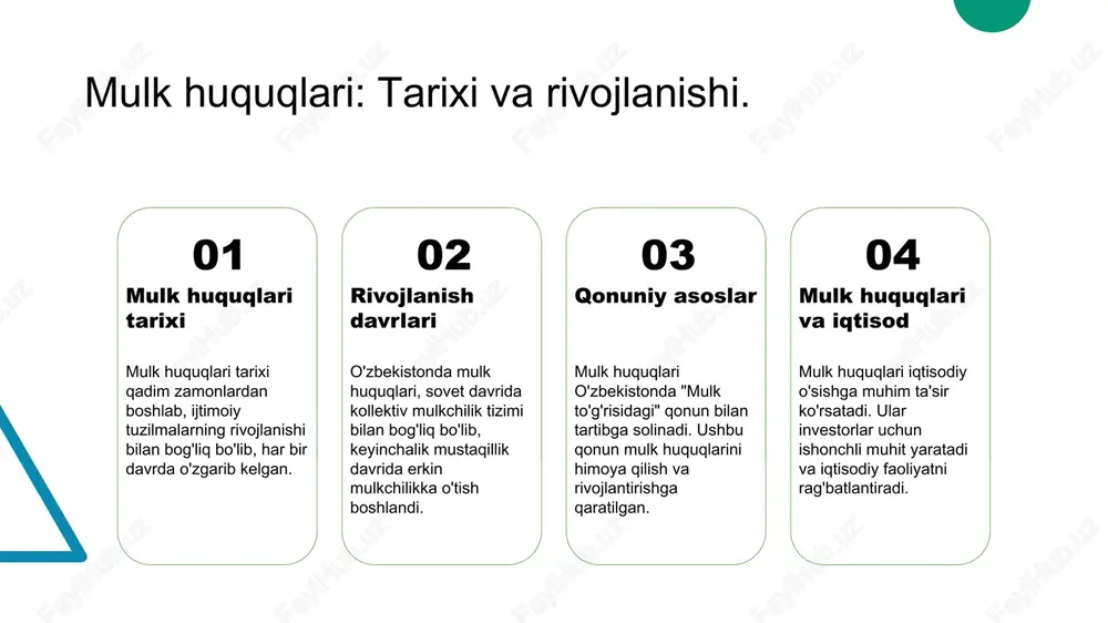 va kooperativ mulkchilik tizimlari mavjud bo'lib, har birining o'ziga xos xususiyatlari va rivojlanish yo'nalishlari mavjud. 3 o'zgarishlar jarayoni mustaqillikdan so'ng, o'zbekistonda mulkchilik tizimlari tubdan o'zgardi, bozor iqtisodiyotiga o'tish jarayoni muhim ahamiyat kasb etdi. 4 zamonaviy tendensiyalar hozirgi kunda o'zbekistonda innovatsion mulkchilik tizimlari rivojlanmoqda, bu esa iqtisodiy o'sishni va ijtimoiy barqarorlikni ta'minlaydi. mulkchilik tuzilmalari va ijtimoiy tenglik: ta'sirlar va natijalar. mulkchilik tuzilmalari ijtimoiy tenglikni shakllantirishda muhim rol o'ynaydi. o'zbekistonda mulk huquqlari va egalik strukturalari, iqtisodiy o'sish va ijtimoiy barqarorlikni ta'minlashda asosiy omil hisoblanadi. ular: - ijtimoiy adolatni ta'minlash - iqtisodiy imkoniyatlarni kengaytirish - barqaror rivojlanishni qo'llab-quvvatlash photo by mikita yo on unsplash mulkchilik huquqlari: o'zbekistondagi qonuniy asoslar va amaliyot. 1 mulkchilik huquqlari - o'zbekistonda mulkchilik huquqlari, yurtimizning asosiy qonunlari bilan belgilangan bo'lib, mulk egalik va foydalanish huquqlarini ta'minlaydi. 2 qonuniy asoslar - o'zbekiston respublikasining konstitutsiyasi va mulk kodeksi mulkchilik huquqining qonuniy asoslarini yaratadi, shuningdek, davlat va xususiy mulkni himoya qiladi. 3 …