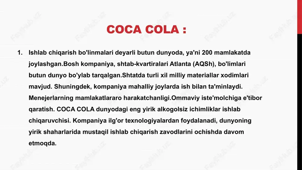 salbiy ta'siri bilan izohlaydi. kompaniya aktsiyalarining qiymati-45 dollarhar bir aksiya uchun daromad - $2.06 - $ 2.10 biroq, investitsiyalar va joriy faoliyatning rentabelligi analog kompaniyalarga qaraganda bir oz past. shunday qilib, roe kapitalining rentabelligi 22,2% ni tashkil qiladi, roi investitsiyalarining o'rtacha rentabelligi 10,4% ga etadi va roa aktivlarining rentabelligi 7,5% ni tashkil qiladi. taqqoslash uchun, pepsico profil bozoridagi eng katta raqobatchi shunga o'xshash ko'rsatkichlarga mos ravishda 32.6%, 15.9% va 8.6% ni tashkil qiladi. raqobatbardosh ustunlik etakchilikka e'tiboroldinda ishlashan'analardunyodagi eng ko'p iste'mol qilinadigan ichimlikmijozlarning sodiqligi tarkibi sir emas va ichimlikning har bir yorlig'ida chop etiladi"issiq yoz"yosh avlodko'pincha shiorlar va marketing harakatlarini o'zgartiradiilgari-pepsi-ga coca-cola-ni deyarli qo'lga kiritishga imkon beradigan narx ustunligiyangi bozorlarni zabt etishagressiv reklamayulduzlarni jalb qilishmusiqiy reklama formulasini sir tutadi"qishki atributlar" kattalar avlodikatta marketing barqarorligi12 yil oldin paydo bo'lgantan olish 98% 2021 yilning eng qimmat brendi"abadiy qadriyatlar"ga pul tikishkeng tarqatish kanali uzbekistonda coca-cola 12 mingdan ortiq yuqori malakali va kasbiy tayyorgarlikdan …