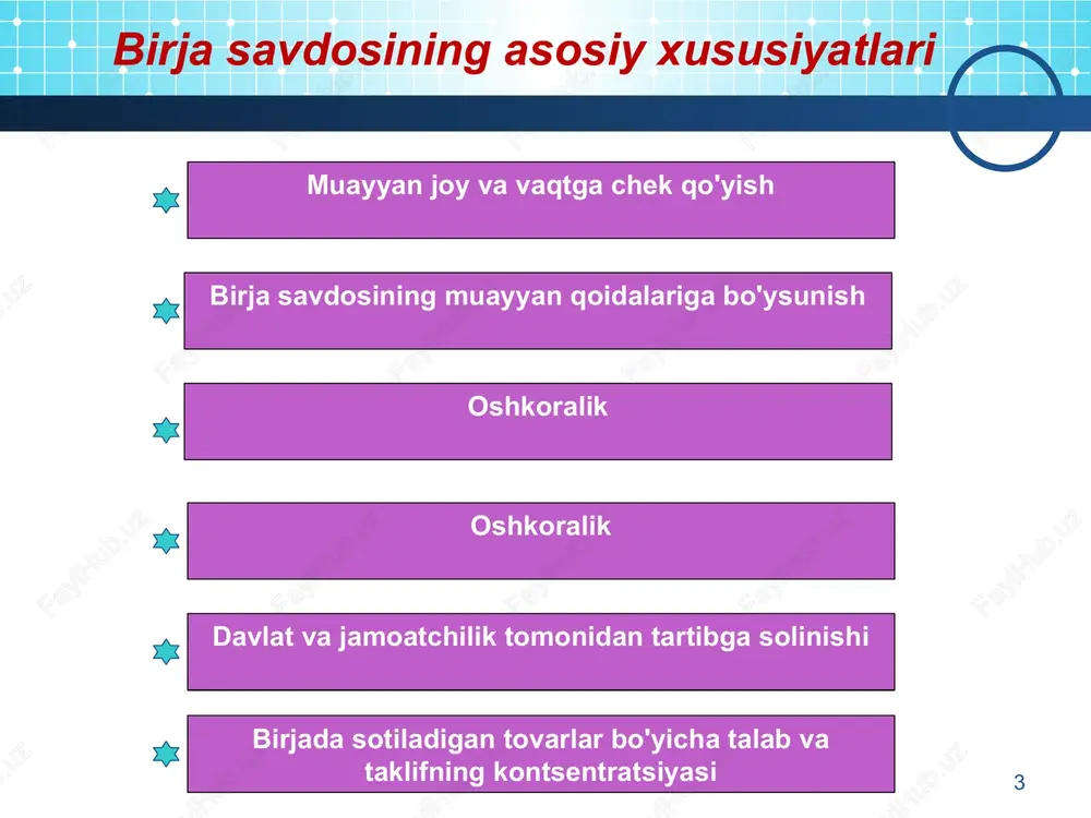 5 "sankt-peterburg xalqaro tovar-xomashyo birjasi"yoaj: 16 17 fond birjalari qimmatli qog'ozlar bozorining professional ishtirokchilari tomonidan yaratilgan standart moliyaviy vositalar savdosi uchun tashkil etilgan bozor 18 fond birjasining vazifalari markaziy joyni ta'minlash muvozanat birja narxini aniqlash vaqtincha bo'sh pul mablag'larini to'plash va mulk huquqini o'tkazishga ko'maklashish birja savdolarining oshkoraligini ta'minlash bitimlarning bajarilishi kafolatlarini ta'minlash birja savdosi ishtirokchilarining axloqiy me'yorlarini, xulq-atvor kodeksini ishlab chiqish 19 rossiya fond birjalari oaj moskva birjasi ural mintaqaviy valyuta birjasi (yekaterinburg shahri) hozirgi mmvb ural sankt-peterburg valyuta birjasi (spvb) "sankt-peterburg" fond birjasi (sankt-peterburg fb) 20 rossiyadagi rasmiy birjalar 18-asrdan beri ma'lum, ammo ular asosiy rivojlanishini faqat 19-asrning o'rtalaridan boshlab oldilar, aynan pyotr i tashabbusi bilan rossiyada birinchi savdo muassasalari paydo bo'ldi rossiyada birja institutlarining shakllanishi 21 birinchi rossiya birjalari1990 yildan beri moskva tovar birjasi rossiya tovar-xomashyo birjasi moskva qurilish materiallari tovar birjasi 22 22 rossiya birjasi ishtirokchilari 23 o'z mamlakatining fuqarolari chet el fuqarolari yuridik shaxslar rossiya …