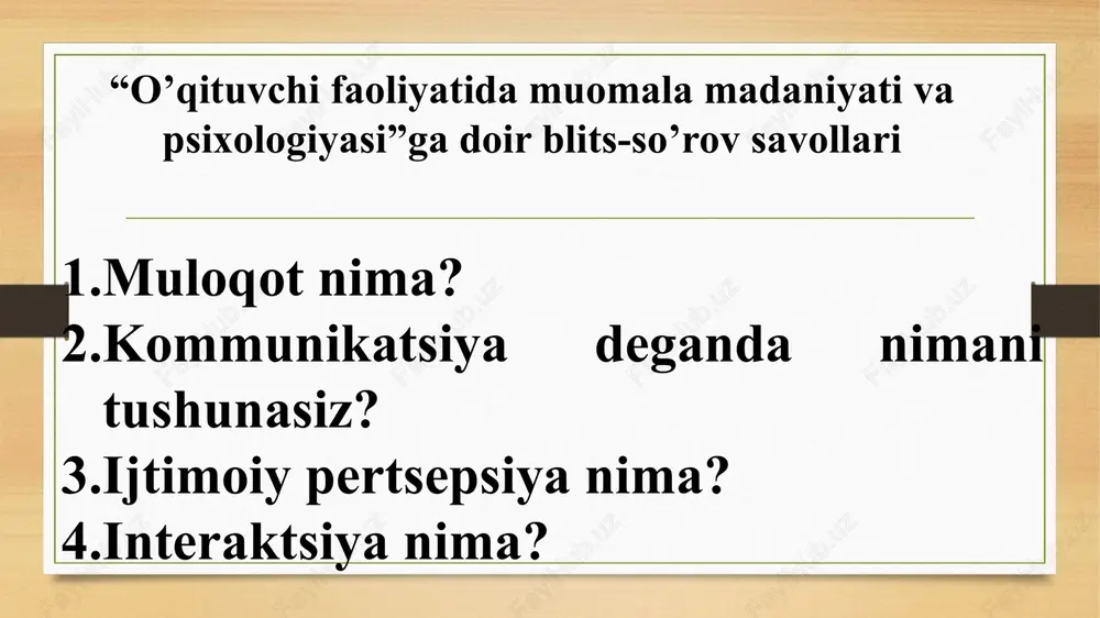 luvchilarni rag’batlantiradi va ularda o’z-o’ziga ishonchni shakllantiradi; jamoada o’z-o’zini boshqarish rivojlanadi. bu uslubni qo’llovchi o’qituvchi barcha jamoa a’zolarining individual xususiyatlarini inobatga olgan holda ular o’rtasida vazifalarni teng bo’lishga harakat qiladi; tashabbus va faollikni rag’batlantiradi. bunday o’qituvchining muloqotda qo’llaydigan metodlari – iltimos, maslahat, axborot berishdir. liberal uslub – boshqacha qilib aytganda, anarxik. o’qituvchi jamoa hayotiga umuman aralashmaslikka harakat qiladi, faolligi sust, muammolarni yuzaki ko’rib chiqadi, boshqalarning ta’siriga oson tushib qoladi. ma’suliyatdan o’zini olib qochadi va o’z avtoritetini yo’qotadi. 2) do’stona munosabatlar asosida qurilgan muloqot. do’stona munosabatlar asosida qurilgan muloqot yuqorida ko’rib chiqilgan muloqot turiga yaqindir. ayrim pedagoglar do’stona muloqotni noto’g’ri tushunib, chegaradan chiqib ketishadi. o’qituvchi va o’quvchi o’rtasida ma’lum bir masofa bo’lishi kerak. ushbu masofani aniqlashda o’qituvchining madaniyati, pedagogik takti muhim rol o’ynaydi; 3) o’qituvchi va ta’lim oluvchilarni ma’lum masofada ushlab turuvchi muloqot. ma’lum masofada ushlab turuvchi muloqotni ham samararali deb bo’lmaydi. shunga qaramasdan bu keng tarqalgan uslubdir. bunda pedagog va …