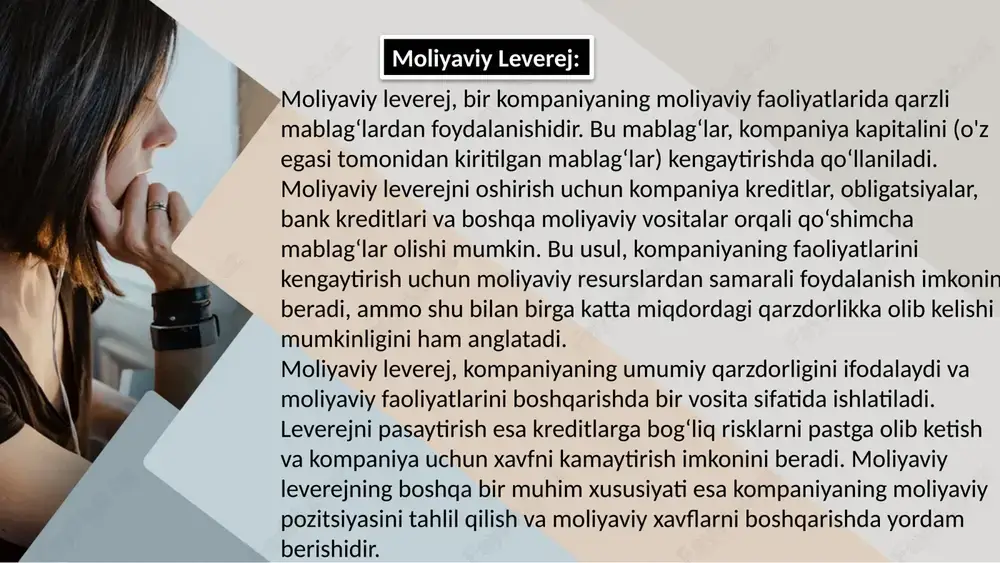 jasi: daromad darajasi kompaniyaning moliyaviy leverejni oshirishini qanday darajada oshirishi yoki kamayishi mumkinligini ifodalaydi. ushbu darajadagi o‘zgarishlar kompaniyaning moliyaviy faoliyatlarini ko‘rsatadi. this presentation uses a free template provided by fppt.com www.free-power-point-templates.com 5 operatsion leverej operatsion leverejni baholashda quyidagi ko‘rsatkichlar muhimdir: debitorlar va kreditorlar: operatsion leverejni tahlil qilishda, kompaniyaning debitorlar va kreditorlar tomonidan qarzga olgan yoki bergan mablag‘larini baholash kritikdir. bu mablag‘lar kompaniyaning operatsion keshini va daromadlarini ta'sir etadi. qarzdorliklar va kreditlar: operatsion leverejni tushunishda, kompaniyaning operatsion faoliyatlar uchun olishgan kreditlari va qarzdorliklarini baholash muhimdir. ular kompaniyaning daromadlari va keshini ta'sir etishi mumkin. hisob-kitoblar va daromadlar: kompaniya operatsion leverejni tahlil qilishda o‘z operatsion keshi, xarajatlari, daromadi va daromadlari qanday tuzilganligini va ularning operatsion leverejni oshirishida yoki pasaytirishida o‘zgaruvchilarni tushunish kerak. operatsion kesh (likvidlik) darajasi: kompaniyaning operatsion kesh (likvidlik) darajasi, ya'ni qanchalik tezkorlik bilan mablag‘larni aylanishi, operatsion leverejni baholashda muhimdir. bu, kompaniyaning keshdaromadlarini boshqarish va operatsion faoliyatlarini amalga oshirishda katta ro‘l o‘ynaydi. …
