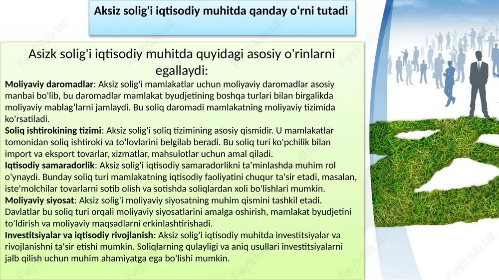 yoki jarayon bo‘lishi mumkin bo‘lgan narsalarni anglatadi. masalan, import/eksport tovarlar, xizmatlar, moliyalashtirish operatsiyalari soliq obyekti sifatida hisoblanadi. soliq bazasi (tax base): soliq mablag‘larini hisoblash uchun asosiy parametr. bu, soliq to‘lovining qancha mablag‘ga asoslanganligini ko‘rsatadi. soliq bazasi, soliq daromadi hisoblash uchun mablag‘lar miqdori bo‘lib, soliq daromadi aksiz solig’ining mablag‘larini aniqlashda qo‘llaniladi. misol uchun, import/eksport tovarlari uchun soliq bazasi, tovarning qiyinchilik qiymati yoki umumiy import/eksport qiymati bo‘lishi mumkin. this presentation uses a free template provided by fppt.com www.free-power-point-templates.com 5 soliq daromadi (tax revenue): soliq to‘lovlari natijasida daromad. bu, aksiz solig'i jihatidan olingan mablag‘lar yoki soliq to‘lovlari umumiy summasini anglatadi. soliq daromadi mamlakat byudjetini to‘ldirishda muhim ahamiyatga ega. soliqning qiymati va shakli (tax rate and form): soliqning o‘rnini aniqlashda muhim faktorlar. soliqning qanday qilib to‘landigini va qancha miqdorda to‘landigini ko‘rsatadi. soliqning umumiy miqdori soliq bazasi bilan soliq daromadi ko‘rsatkichidan hisoblanadi. aksiz solig'i mablag‘larini hisoblashda, soliq obyekti, soliq bazasi, soliq daromadi, soliqning qiymati va …