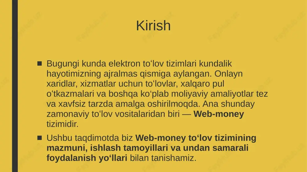 lanuvchi qabul qiluvchining hamyon raqami yoki wmid raqamini kiritadi, summani belgilaydi va operatsiyani tasdiqlaydi. pul qabul qilish: pul yuborilgan foydalanuvchining tegishli hamyoniga avtomatik tushadi. qabul qiluvchi bu mablag‘ni xohlagancha ishlatishi yoki yechib olishi mumkin. tranzaktsiyalar: to‘lovlar real vaqt rejimida amalga oshiriladi va har bir operatsiya tizimda yozib boriladi. web-money tizimi orqali to‘lovlar tezkor, qulay va ishonchli tarzda amalga oshiriladi. web-money xavfsizlik tizimi web-money tizimi foydalanuvchilarning mablag‘larini himoya qilish uchun kuchli xavfsizlik choralarini qo‘llaydi. asosiy xavfsizlik vositalari quyidagilardan iborat: ikki bosqichli autentifikatsiya (2fa): tizimga kirishda parol bilan birga sms-kod yoki mobil ilova orqali tasdiqlash talab qilinadi. shaxsiy kalitlar va parollar: har bir foydalanuvchi o‘ziga xos xavfsizlik kalitiga ega bo‘lib, bu orqali operatsiyalarni tasdiqlaydi. verifikatsiya (identifikatsiya): foydalanuvchining shaxsiy ma’lumotlari tekshiriladi, bu firibgarlikning oldini olishga yordam beradi. xabarlar va bildirishnomalar: har bir tranzaktsiya haqida foydalanuvchiga xabar yuboriladi. web-money xavfsizlikka katta e’tibor qaratadi, bu esa foydalanuvchilarning ishonchini oshiradi. web-money tizimidan foydalanish imkoniyatlari web-money nafaqat …