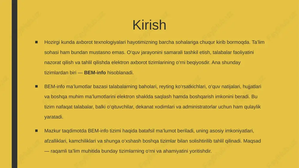 i login/parol orqali kirish har bir foydalanuvchining roli va huquqlari aniqlanadi foydalanuvchi rollari 👩‍🎓 talaba o‘z baholari va reytinglarini ko‘rish hujjatlarni yuklab olish akademik qarzdorlikni kuzatish 👨‍🏫 o‘qituvchi talabalarga baho qo‘yish elektron jurnal yuritish o‘quv mashg‘ulotlari haqida ma’lumot kiritish 🧑‍💼 dekanat xodimi kurslar va guruhlarni boshqarish talaba harakatlarini monitoring qilish hisobotlar shakllantirish bem-info tizimining afzalliklari ✅ 1. ma’lumotlarga tez va oson kirish talabalar va o‘qituvchilar o‘zlariga tegishli ma’lumotlarni istalgan vaqtda ko‘ra oladi. ✅ 2. avtomatlashtirilgan hisob-kitob reytinglar, baholar va statistikalar avtomatik hisoblanadi. ✅ 3. xatoliklar ehtimolini kamaytiradi inson omiliga bog‘liq xatoliklar minimal darajaga tushadi. ✅ 4. masofaviy foydalanish imkoniyati internet orqali tizimga kirish mumkin, ofisga bog‘liq bo‘lmasdan ishlash imkoniyati mavjud. ✅ 5. hujjat aylanishining soddalashuvi arizalar, spravkalar, transkriptlar kabi hujjatlar elektron shaklda taqdim etiladi. ✅ 6. tahliliy vositalar akademik holat, o‘zlashtirish darajasi va faollik bo‘yicha tahliliy hisobotlar yaratiladi. talabalar uchun funksiyalar 🎓 1. reyting va baholarni ko‘rish har bir fan …
