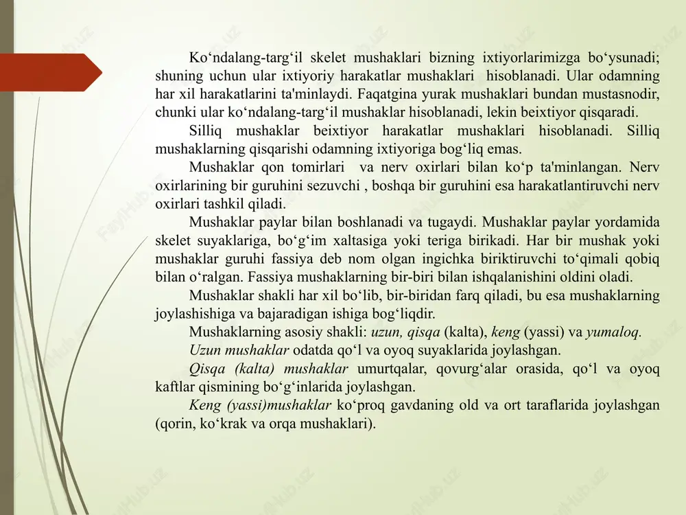 sda) boʻlib tipadi. agar mushakni koʻndalangiga kessak, uning uchlari teri ostiga berkinadi. mushaklarning asosiy funksiyasi ularning qisqarishidan paydo boʻladi. mushaklar qisqarib, skelet qismlarini va alohida organlarni koʻchishini chaqiradi. ba'zan mushakning bir oʻzi u yoki bu harakatni chaqiradi, lekin odatda mushaklar guruh boʻlib ishlaydi. ikki tipdagi mushaklar farqlanadi: sinnergistlar va antagonistlar. agar mushaklarning bir guruhini birgalikda qisqarishi ma'lum bir harakatni chaqirsa, bu mushaklar sinnergistlar deyiladi. agar mushaklar qisqarganda qarama-qarshi harakatlarni chaqirsa, bular antagonistlar hisoblanadi. bizning barcha harakatlarimiz koʻpgina mushaklarning kelishilgan va koordinasiyalashgan harakatlari natijasida amalga oshiriladi. koordinasiya nervlardan mushaklarga keluvchi nerv impulslari orqali amalga oshiriladi. gavdaning tashqi skelet mushaklari skeletning barcha tashqi mushaklari juft boʻlib, tananing oʻng va chap tomonida joylashadi tashqi skelet mushaklari joylashishiga qarab: - bosh mushaklari; - boʻyin mushaklari; - koʻkrak mushaklari; - qorin mushaklari - orqa mushaklari; - elka kamari va erkin qismlarning mushaklari; - tos va oyoq mushaklariga boʻlinadi. - bosh mushaklari bosh mushaklaridan biri mimika …
