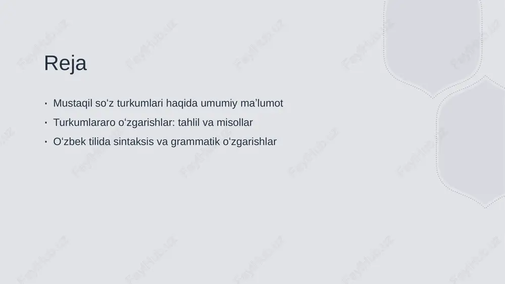 tilning dinamikasini aks ettiradi. mustaqil so'zlar orasidagi bog'lanishlar, sintaktik struktura va grammatik qoidalar orqali namoyon bo'ladi. bular, mantiqiy va ma'naviy aloqalarni mustahkamlashda muhimdir. oʻzbek tilida sintaksis: asosiy tushunchalar va o'zgarishlar. 1 sintaksis tushunchasi - o'zbek tilida sintaksis, so'zlar va frazalar orasidagi munosabatlarni o'rganadi, ularning bir-biriga bog'lanishlarini aniqlaydi va ifoda imkoniyatlarini kengaytiradi. 2 sintaktik o'zgarishlar - o'zbek tilida sintaktik o'zgarishlar, jumla tuzilishini va so'zlarning bir-biriga o'tishini belgilaydi, bu esa tilning dinamik rivojlanishini ko'rsatadi. 3 sintaksisda misollar - sintaksisda so'z turkumlari o'rtasidagi o'zgarishlar, masalan, fe'l va otlar o'rtasida bog'lanishlar, tilning boyligini va ifodalash imkoniyatlarini ko'rsatadi. grammatik o'zgarishlarning tarixiy aspektlari: oʻzbek tilida evolyutsiya. 01 tarixiy rivojlanish oʻzbek tilida grammatik o'zgarishlar asrlar davomida sodir bo'lib, xalqning tarixi, madaniyati va iqtisodiy sharoitlari bilan uzviy bog'liqdir. 02 o'zgarishlarning sabablari oʻzbek tilida grammatik o'zgarishlar, asosan, ijtimoiy va madaniy omillardan kelib chiqadi, jumladan, xalqaro aloqalar va tillararo ta'sirlar muhim rol o'ynaydi. 03 zamonaviy ta'sirlar bugungi kunda globalizatsiya va …