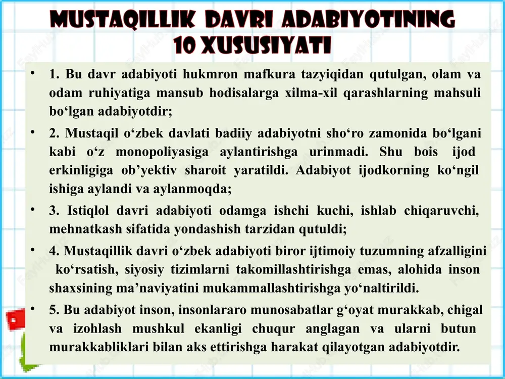 maturgiyasida erishilgan yutuqlardan bo‘ldi. xulosa o`rnida mustaqillik davri adabiyoti sog‘lom tamoyillar asosida rivojlanmoq-da. hozir yaratilayotgan turli janrlardagi asarlarda zamondoshlar tasvirlashning kashf etishga eng jiddiy ta’sirchan e’tibor ruhiyatini usuliarini berilyapti. etiboringiz uchun raxmat! image1.jpg image2.png image3.png image4.png image5.png image6.png image7.png image8.png image9.jpg image10.jpg image11.jpg image12.jpg image13.jpg image14.png image15.jpg
