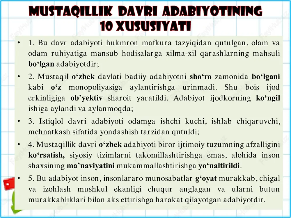 "qora kitob" qissasi, "shamolni tutib bo‘lmaydi", "tobut shahar", "quyun" hikoyalari, xurshid do‘stmuhammadning “bozor”, luqmon bo‘rixonning "jaziramadagi odamlar", salomat vafoning “tilsim saltanati”, a. nurmurodovning “qon hidi” romanlari… dramaturgiya • usmon azimning «bir qadam yo‘l», erkin samandarning «arabmuhammad bahodirxon», ilhom hasanning «bir kam dunyo», abdulla a’zamning «dugohi husayniy», «jek london hikoyasidan so‘ng», o. yoqubovning «bir koshona sirlari» kabi asarlari hozirgi o‘zbek dramaturgiyasida erishilgan yutuqlardan bo‘ldi. xulosa o`rnida • mustaqillik davri adabiyoti sog‘lom tamoyillar asosida rivojlanmoq-da. hozir yaratilayotgan turli janrlardagi asarlarda zamondoshlar ruhiyatini tasvirlashning eng ta’sirchan usuliarini kashf etishga jiddiy e’tibor berilyapti.