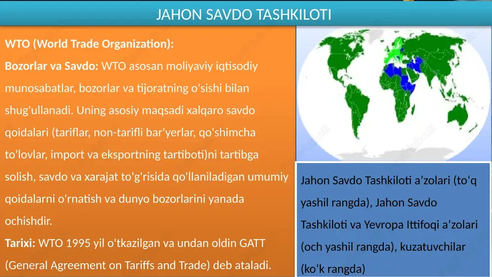 n tashqi savdo aylanmasi 2,4 mlrd aqsh dollarini tashkil etdi. shundan eksport hajmi 766,1 mln dollar, import hajmi esa 1,6 mlrd dollar. this presentation uses a free template provided by fppt.com www.free-power-point-templates.com o'zbekiston korxonalarining xalqaro miqyosda rivojlantirishida jahon savdo tashkiloti o’rni muddati davomida unctad bilan o'zbekistonning munosabatlari quyidagi yutuqlarni olib chiqmoqda: investitsiyalar va investitsiya tariflari: unctad o'zbekiston korxonalariga investitsiyalarni jalb qilishda yordam beraydi. ular investitsiya tariflarini o'zgartirish, investitsiya uskunalari va imkoniyatlari bo'yicha maslahatlar ko'rsatishda o'zbekistonni yordam beradi. investorlarni jalb qilish: unctad o'zbekiston korxonalariga xalqaro investorlarni jalb qilishda yordam beradi. ular xalqaro investorlarni o'zbekiston bilan iqtisodiy hamkorlikni rivojlantirish va yirik investitsiya loyihalarini amalga oshirishda yordam beradi. xalqaro savdo qoidalari: unctad o'zbekistonning xalqaro savdo munosabatlarini mustahkamlash uchun ko'rsatiladigan xalqaro savdo qoidalari va tartibotni o'zgartirishda yordam beraydi. moliyaviy tashvishlar: unctad o'zbekistonning moliyaviy sohalarini rivojlantirish uchun moliyaviy tashvishlar va strategiyalar tuzishda yordam beraydi. bozorlar va export-import munosabatlari: unctad o'zbekistonning export-import munosabatlarini mustahkamlash, yevropa bozorlariga …
