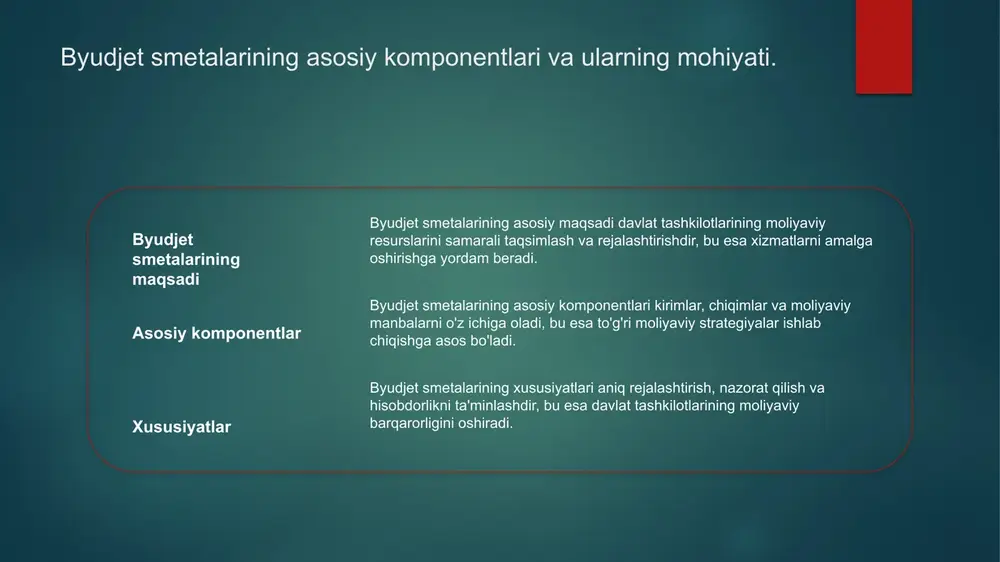 et rejalashtirish jarayoni avvalo moliyaviy maqsadlarni aniqlash va ularni amalga oshirish uchun zarur resurslarni belgilashdan boshlanadi. byudjetni shakllantirish byudjet shakllantirish bosqichida tashkilot ichidagi mablag'lar taqsimoti, xarajatlar prognozi va daromadlar rejalashtiriladi, bu esa moliyaviy barqarorlikni ta'minlaydi. byudjetni tasdiqlash tasdiqlash bosqichida tayyorlangan byudjet loyihasi tegishli davlat organlariga taqdim etilib, ularning roziligi bilan amalga oshiriladi, bu esa shaffoflikni ta'minlaydi. davlat tashkilotlarida byudjet rejalashtirish va uning usullari. byudjet rejalashtirish jarayoni davlat tashkilotlarida byudjet rejalashtirish jarayoni, moliyaviy resurslarni samarali taqsimlash va xarajatlarni nazorat qilishni ta'minlaydi. usullar va metodlar byudjet rejalashtirishda turli usullar, jumladan, harajatlar tahlili, prognozlashtirish va strategik rejalashtirish qo'llaniladi. o'zbekistondagi amaliyot o'zbekistonda byudjet rejalashtirish jarayoni davlatning iqtisodiy strategiyasiga mos ravishda amalga oshiriladi, bu esa ijtimoiy va iqtisodiy barqarorlikni ta'minlaydi. byudjet jarayoni: moliyaviy nazorat va hisobdorlik. byudjet nazorati byudjet nazorati davlat tashkilotlarining moliyaviy faoliyatini monitoring qilish, xarajatlarni nazorat qilish va shu orqali samaradorlikni oshirishga qaratilgan jarayondir. hisobdorlik tizimi hisobdorlik tizimi byudjet jarayonida moliyaviy resurslarni qanday …