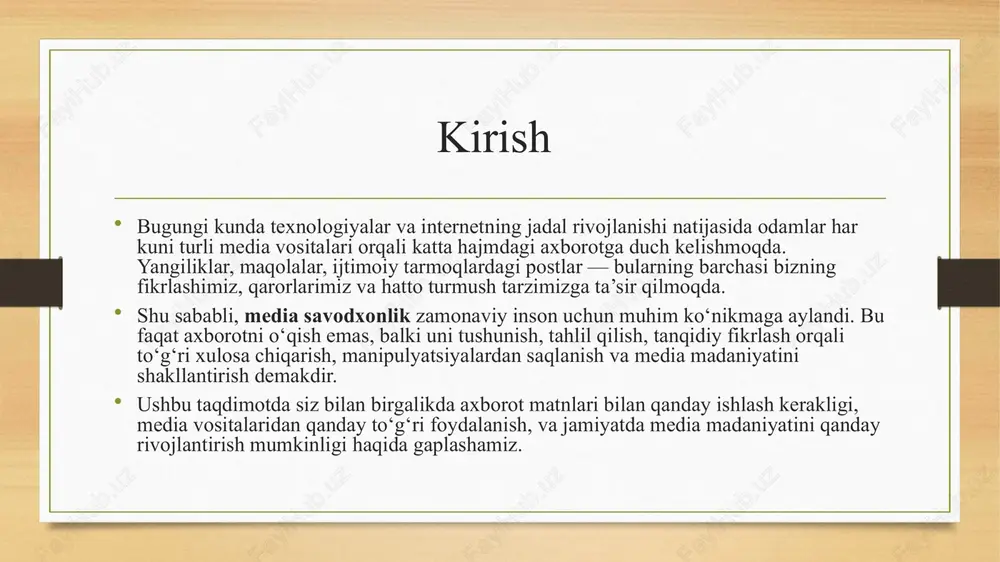 racy: connecting culture and classroom. corwin, 2021. kahne, joseph, and k. leblanc. "the role of media literacy education in developing civic engagement." journal of media literacy education, 2024. unesco. media and information literacy curriculum for teachers. unesco publishing, 2013. fawzi, nashit. media literacy in the digital age. routledge, 2019. o‘zbekiston respublikasi axborot va ommaviy kommunikatsiyalar agentligi rasmiy sayti: aok.uz bulatov, a. a. media savodxonlik asoslari. toshkent, 2020. image5.png image6.png image3.png image4.png /docprops/thumbnail.jpeg