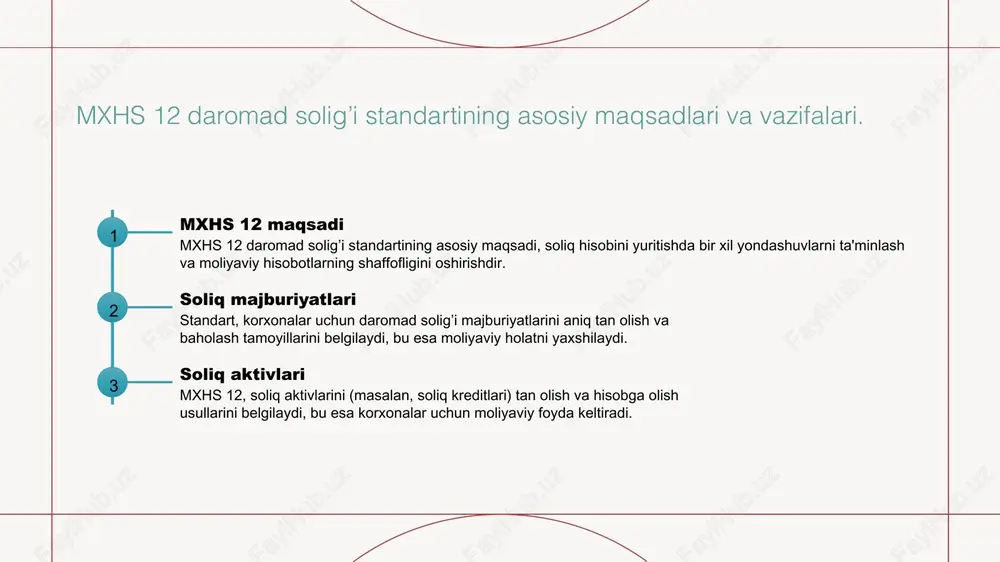 onunchiligiga muvofiq hisoblanadi. tan olish tamoyillari soliq majburiyatlarini tan olishda asosiy tamoyillar, kelajakdagi to'lovlar ehtimolini va to'lovlar miqdorini aniqlashni talab qiladi. moliya hisobotlari soliq majburiyatlari moliya hisobotlarida to'g'ri aks ettirilishi lozim, bu esa investorlar va boshqa manfaatdor tomonlar uchun muhim ma'lumot beradi. soliq aktivlarini tan olishning muhim jihatlari. soliq aktivlarini tan olish, kompaniyaning kelajakdagi foydalaridan kelib chiqib, moliyaviy hisobotlarda to'g'ri aks ettirishni ta'minlaydi. bu jarayon quyidagi jihatlarni o'z ichiga oladi: - soliq aktivlarining aniqligi va aniqlanganligi - ularning kelajakdagi foydalaridan foydalanish imkoniyati - moliyaviy hisobotlarda shaffoflikni oshirish. photo by piggybank on unsplash o'zbekistondagi daromad solig’i majburiyatlari va aktivlari. 01 daromad solig’i majburiyatlari o'zbekistonda daromad solig’i majburiyatlari yuridik va jismoniy shaxslar uchun belgilangan soliq stavkalari asosida hisoblanadi. 02 soliq aktivlari daromad solig’i aktivlari, masalan, kelajakdagi soliq kamaytirish imkoniyatlari, soliq hisobida tan olinishi mumkin, bu esa moliyaviy ko'rsatkichlarga ta'sir qiladi. 03 hisobga olish usullari o'zbekistonda daromad solig’i majburiyatlari va aktivlarini hisobga olishda …