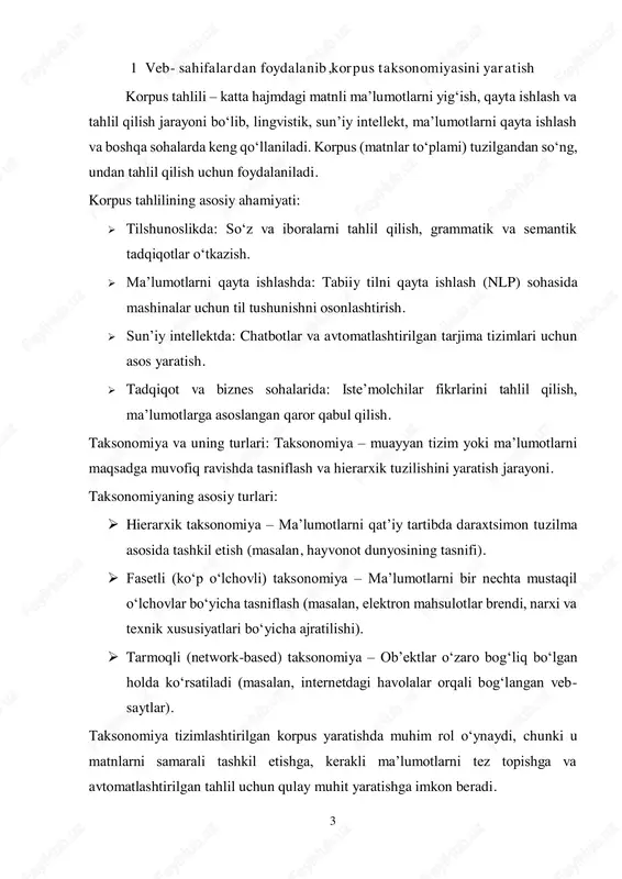 vositalar yordamida tegishli matn yoki boshqa elementlarni olish. 5  ma’lumotni tozalash va saqlash – olingan ma’lumotlarni formatlash va kerakli shaklda saqlash. veb-kazishning qo‘llanilish sohalari:  yangiliklar va ijtimoiy tarmoqlar monitoringi  mahsulot narxlarini solishtirish  ilmiy tadqiqotlar va akademik maqsadlar  marketing va biznes razvedkasi ma’lumot yig‘ish vositalari veb-kazish uchun bir nechta mashhur kutubxonalar va vositalar mavjud: ✅ beautifulsoup  python dasturlash tili uchun eng mashhur kutubxonalardan biri.  html va xml fayllarni tahlil qilish va kerakli elementlarni ajratish imkonini beradi.  afzalliklari: oson ishlatiladi, kichik loyihalar uchun juda mos.  kamchiliklari: tezligi past, katta hajmdagi ma’lumotlar bilan ishlashda samaradorligi past. ✅ scrapy  katta hajmdagi ma’lumotlarni avtomatik yig‘ish uchun kuchli va moslashuvchan framework.  crawl (saytlarga bot orqali kirish), parchalash (parsing) va saqlash (storing) funksiyalariga ega.  afzalliklari: tez ishlaydi, katta hajmdagi ma’lumotlarni to‘plash uchun mos.  kamchiliklari: o‘rganish uchun biroz murakkab. ✅ selenium  brauzerlarni avtomatlashtirish uchun …