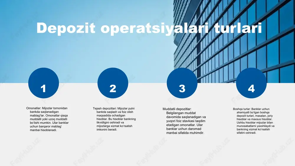 qtida xavf-xatarni kamaytiradi. ushbu omillar, o'z navbatida, banklarning buxgalteriya hisobi va moliyaviy hisobotlarida aks etadi, bu esa ularning iqtisodiy faoliyatini yanada barqaror qiladi. depozit operatsiyalarining buxgalteriya hisobi: asosiy hisob-kitoblar, qayd etish tartibi va hisobotlar. buxgalteriya hisobi uchun asosiy usullar va qoidalar. buxgalteriya hisobi va depozit operatsiyalari buxgalteriya hisobi va depozit operatsiyalari o'rtasidagi o'zaro bog'liqlik muhim ahamiyatga ega. buxgalteriya hisobi, moliyaviy faoliyatni to'g'ri aks ettirishga yordam beradi va banklar depozitlarini boshqarishda muhim rol o'ynaydi. buxgalteriya hisobi tamoyillari, masalan, hisobga olishning to'g'riligi va davrlilik tamoyillari, depozit operatsiyalarining amalga oshirilishida ta'sir ko'rsatadi. bu tamoyillar, banklarning moliyaviy hisobotlarida aniq va ishonchli ma'lumotlarni taqdim etishida hal qiluvchi ahamiyatga ega. moliya institutlari, depozit operatsiyalarini boshqarish va nazorat qilishda muhim rol o'ynaydi. ular, mijozlar uchun xavfsiz va samarali moliyaviy xizmatlar taqdim etish orqali iqtisodiy barqarorlikni ta'minlaydi. buxgalteriya hisobi va depozit operatsiyalari o'rtasidagi bog'liqlik, moliyaviy hisobotlarning sifatini oshirish va bank faoliyatining samaradorligini ta'minlashda muhimdir. 1 2 3 4 …