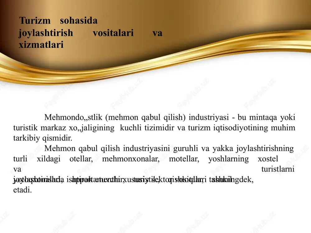 niyada amal qiladi hind tizimi 5 va boshqalar hozirda jahonda ma’lum bo‘lgan 30 dan ortiq mehmonxonalarning tasniflash tizimlari zamirida shinamlik darajasi yotadi. ular orasida quyidagi tasniflash tizimlari ayniqsa keng tarqalgan: xulosa mehmonxonalar turizm sanoatining ajralmas qismi bo'lib, sayohatchilarga turar joy va turli xizmatlar taqdim etadi. ularning turli turlarga tasniflanishi sayohatchilarning ehtiyojlariga mos xizmatlar tanlash imkonini yaratadi. mehmonxonalarning tasnifi, joylashuvi, xizmat ko'rsatish darajasi, qulayliklar va narx siyosatiga qarab farqlanadi. har bir mehmonxona turi o'ziga xos xususiyatlar va xizmatlar bilan ta'minlangan bo'lib, turizm sanoatida sifatli xizmatlarni taqdim etish va mijozlarning qoniqishini oshirishda muhim ahamiyatga ega. shu bilan birga, mehmonxona turlari va tasnifi, turizm sohasining samarali rivojlanishini va sayohatchilar uchun eng qulay sharoitlarni yaratishni ta'minlashga yordam beradi. mehmonxona tanlashda xizmatlar darajasi, narx va joylashuv kabi omillarni hisobga olish, sayohatchilarga o'z ehtiyojlariga mos variantni tanlashda yordam beradi. bu esa umumiy turizm tajribasini yaxshilash va sanoatning o'sishini davom ettirishda muhim rol o'ynaydi. e’tiboringiz uchun raxmat …