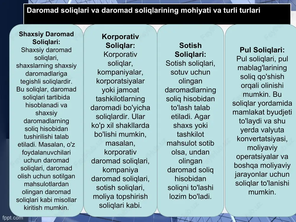 amlakat iqtisodiyoti uchun ahamiyatga ega. bu imtiyozlar mamlakatning moliyaviy tizimini mustahkamlash, moliyaviy resurslarni jalb qilish va qo'llab-quvvatlash, yangi bizneslarni qo'llab-quvvatlash va iqtisodiyotni rivojlantirishda muhim rol o'ynaydi. ta'lim va sog'liqni saqlash sohalarida foydalanish: soliq imtiyozlari, ta'lim va sog'liqni saqlash sohasida foydalanish uchun soliqlarni pastlab turish uchun berilishi mumkin. bu, mamlakatning ta'lim tizimini rivojlantirish, tibbiyotni rivojlantirish va boshqa sanoat sohalarda soliq to'lovlari miqdorini pastlab turish orqali moliyaviy yordam berish imkonini yaratadi. soliq turlari va ularning tuzilishi qanday o'zgaradi va ularning o'zaro farqlari soliq turlari va ularning tuzilishi o'zgarishi va ularning o'zaro farqlari mamlakatning iqtisodiyoti, moliyaviy siyosati va boshqa ko'rsatgichlar bo'yicha o'zgarishi mumkin. soliq turlari va ularning tuzilishi quyidagi asoslar bo'yicha farqli bo'lishi mumkin: o'zgarishlar bo'yicha asosiy sabablar: siyoqqa olib keluvchi qonuniy va ijtimoiy o'zgarishlar: siyosat, ijtimoiy vaziyat va moliyaviy tizimning o'zgarishi soliq turlari va ularning tuzilishi bo'yicha o'zgarishlarga olib kelishi mumkin. iqtisodiyotdagi o'zgarishlar: iqtisodiyotdagi yangilanishlar, bozor sharoitlari, moliyaviy muammo va talablar soliq …