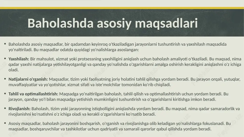 hlil va kompyuter modellash: ma'lumotlar analizi va kompyuter modellash jarayonlari o'zgarishlarni ko'rib chiqish va natijalarni tahlil qilish uchun ishlatiladi. bu usul statistik tahlil, data mining, va machine learningni o'z ichiga oladi. fokus guruhlar: guruhlar yoki panellarda mijozlar, mahsulotlarni test qilib ko'rish uchun ishlatiladi. bu usulda, foydalanuvchilarning fikrlari, mulohazalari va talablari ko'rib chiqiladi. bu usullar, muhim ma'lumotlarni olish, tahlil qilish va mahsulot yoki xizmatni rivojlanishi uchun kerakli o'zgarishlarni aniqlashda yordam beradi. o'rganish va tahlil jarayonida bu usullar boshqaruvchilar uchun qadriyatli va samarali natijalar olishda yordam beradi. baholashda qanday ma'lumotlar to'plami yig'iladi yoki olingan ma'lumotlar qanday tahlil qilinadi baholash jarayonida ma'lumotlar odatda turli manbalardan olinadi va ular kerakli tahlil va baholashlar uchun tuziladi. ma'lumotlar o'rganilish va tahlil qilinish jarayonida quyidagi yo'llar odatda ishlatiladi: statistik ma'lumotlar: to'plangan ma'lumotlar statistik tahlil jarayonida qanday o'zgarishlarni ko'rsatadi. bu statistik tahlil natijalarini tushuntirish uchun hisobotlar, grafiklar, va statistik ko'rsatkichlar ishlatiladi. foydalanuvchi qabul qilishlari: foydalanuvchilar fikrlari, mulohazalari, so'rovnoma …