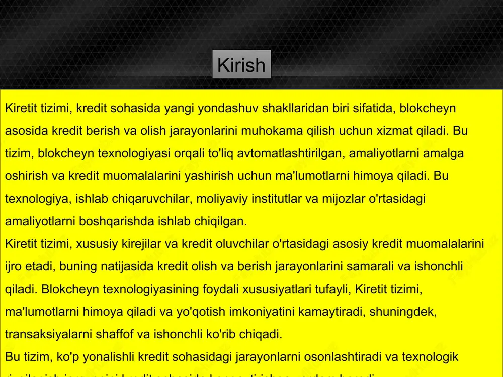 olg'onchilikka qarshi himoya ta'minlashga yordam beradi. kredit olish va berish jarayonlarini osonlashtirish: tizim, kredit oluvchilar uchun kreditlarni olish jarayonlarini osonlashtirish va kredit beruvchilar uchun kreditlarni taqdim etishni yengillashda qo'llaniladi. bu, blokcheyn texnologiyasining xavfsizligi va transaksiyalarni tezlashtirish imkoniyatlaridan foydalanadi. * kreditlar va kiretit tizimi o'rtasidagi asosiy farqi kreditlar va kiretit tizimi o'rtasidagi asosiy farqlarning bir qismini quyidagi ko'rinishda ko'rsatish mumkin: blokcheyn texnologiyasi: kreditlar umumiy tarzda moliyaviy institutlar, banklar yoki kredit beruvchilar tomonidan amalga oshiriladi va ularning ma'lumotlari ularning maxsus ichki tizimlarida saqlanadi. bunday klassik kredit tizimlarida, ma'lumotlar bir xil platformada jamlangan emas. kredit berish va olish jarayonlari moliyaviy institutlar tomonidan boshqariladi. kiretit tizimi esa, blokcheyn asosida kredit protsesslarini osonlashtirish va avtomatlashtirish maqsadida ishlab chiqilgan. bu tizim blokcheyn texnologiyasidan foydalanadi va kredit berish va olish jarayonlarini o'z ichiga oladi. ma'lumotlar blokcheyn tizimi orqali himoyalangan va almashinish uchun bir yerda saqlanadi. bu texnologiya xavfsizlikni yuqori darajada ta'minlaydi va kredit protsesslarini osonlashtiradi. * o'zlashtirish …
