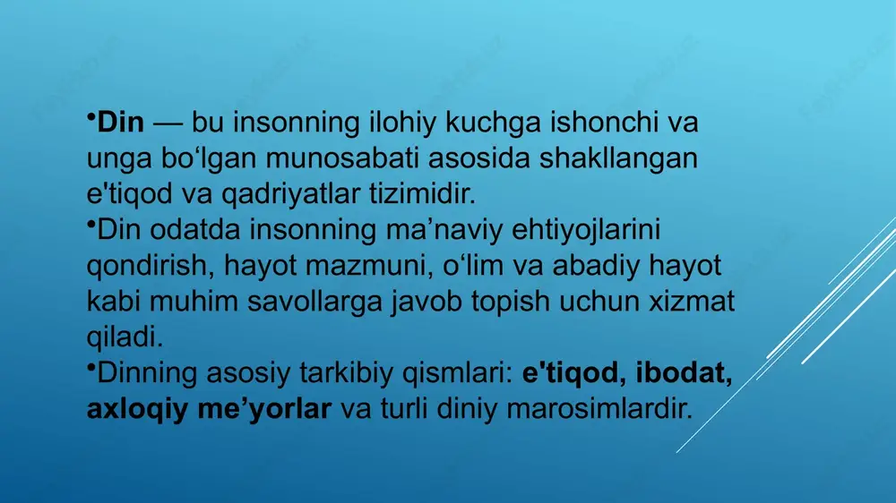 xsiy taraqqiyot va jamiyat rivojiga to‘siq bo‘ladi. ijtimoiy rivojlanishda: hurfikrlilik jamiyatni erkin fikrlashga va yangi qarashlarga ochiq bo‘lishga undaydi. bu esa yangiliklar, innovatsiyalar va ijtimoiy islohotlarni qo‘llab-quvvatlaydi. madaniy turli-tumanlikni qabul qilish: hurfikrlilik boshqa millat va madaniyatlarga hurmat va bag‘rikenglikni kuchaytiradi. bu madaniy almashinuv va o‘zaro muloqotni rivojlantirishga yordam beradi. san’at va adabiyotda: hurfikrlilik ijodiy erkinlikni qo‘llab-quvvatlaydi, san’at va adabiyotning erkin rivojlanishini ta’minlaydi. bu orqali turli mavzular va uslublar jamiyat madaniyatini boyitadi. ta’lim va tarbiya: hurfikrlilik orqali yoshlarda tanqidiy fikrlash, o‘z qarashlarini erkin ifodalash va turli nuqtai nazarlarga ochiqlik kabi qobiliyatlar rivojlanadi. xalqaro aloqalar: hurfikrlilik davlatlar o‘rtasida hamkorlikni kuchaytiradi, o‘zaro hurmat va tinchlikka asoslangan munosabatlar rivojiga hissa qo‘shadi. din ko‘pincha jamiyatning asosiy qadriyatlar tizimini shakllantiradi va o‘zaro hurmat, halollik, mehr-shafqat kabi fazilatlarni targ‘ib qiladi. diniy qadriyatlar insonlarga to‘g‘ri yo‘lni ko‘rsatadi, jamiyatda tartib-intizomni saqlashga yordam beradi. din va qadriyatlar insonning axloqiy tamoyillarini mustahkamlaydi va unga o‘z hayotini ma’naviy jihatdan boyitishga yordam beradi. …