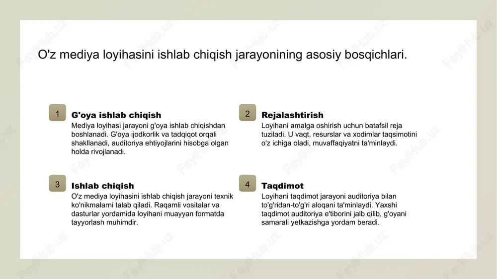 him. bu, jamoa a'zolari va texnologiyalarni optimal ishlatishga yordam beradi. monitoring va tahlil loyihaning har bir bosqichida monitoring va tahlil o'tkazish zarur. bu, rejalashtirish jarayonini takomillashtirish va muammolarni oldini olishda yordam beradi. kreativ g'oyalarni aniqlash: ilhom manbalari va tadqiqot metodlari. ilhom manbalari kreativ g'oyalarni aniqlashda ilhom manbalari muhim rol o'ynaydi. kitoblar, san'at asarlari va tabiiy muhit yangi g'oyalar uchun manba bo'lishi mumkin. tadqiqot metodlari g'oyalarni rivojlantirishda metodologiya zarur. kvalitativ va kvantitativ tadqiqotlar yordamida bozor talabi va auditoriya qiziqishlarini aniqlash mumkin. innovatsion fikrlash kreativ jarayonni qo'llab-quvvatlash uchun innovatsion fikrlash usullaridan foydalanish zarur. brainstorming va vizualizatsiya g'oyalarni rivojlantirishda samarali usullardir. g'oyalarni rivojlantirish: muvaffaqiyatli media loyihalari uchun strategiyalar. g'oya aniqlash g'oyani rivojlantirish g'oyani amalga oshirish g'oya aniqlash jarayoni, tadqiqotlar va bozor tahlillari orqali amalga oshiriladi. muvaffaqiyatli media loyihasi uchun yangi va innovatsion g'oyalar topish muhimdir. g'oyani rivojlantirish jarayonida, kreativ jarayonlarni qo'llash va boshqalar bilan fikr almashish muhimdir. boshqalar bilan muloqot qilish, g'oyani yanada …
