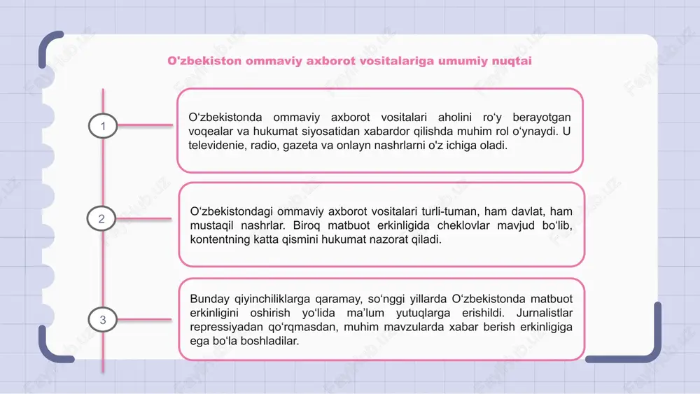 sektori jamoatchilikning xabardor va faol bo‘lishini ta’minlash uchun muammolarni yengib o‘tishda va jurnalistik halollikni qo‘llab-quvvatlashda davom etmoqda. o‘zbekistonda ommaviy axborot vositalari ustidan davlat nazorati o‘zbekiston respublikasida me’yoriy-huquqiy hujjatlarga rioya etilishini ta’minlash va milliy manfaatlarni ilgari surish maqsadida ommaviy axborot vositalari faoliyati davlat tomonidan qattiq nazoratga olingan. o‘zbekistonda ommaviy axborot vositalari ustidan davlat nazorati yolg‘on ma’lumotlar tarqalishining oldini olish va ijtimoiy barqarorlikni saqlashga qaratilgan. hukumat nazoratiga qaramay, oʻzbekistonda soʻz erkinligi va ommaviy axborot vositalarining xilma-xilligini targʻib qilish harakatlari olib borilmoqda. 1 2 3 o‘zbekistonda ommaviy axborot vositalarining raqamli transformatsiyasi o‘zbekiston respublikasida ommaviy axborot vositalari jamoatchilik fikrini shakllantirish va axborotni tarqatishda muhim o‘rin tutadi. raqamli transformatsiya paydo bo'lishi bilan an'anaviy ommaviy axborot vositalari kengroq auditoriyani qamrab olish uchun onlayn platformalarni o'z ichiga oladi. o‘zbekistonda ommaviy axborot vositalarini raqamlashtirish axborotdan foydalanish imkoniyatlarini kengaytirdi va hukumat, ommaviy axborot vositalari va jamoatchilik o‘rtasidagi aloqani kuchaytirdi. onlayn yangiliklar portallari va ijtimoiy media platformalari yangiliklarni tarqatishning muhim …