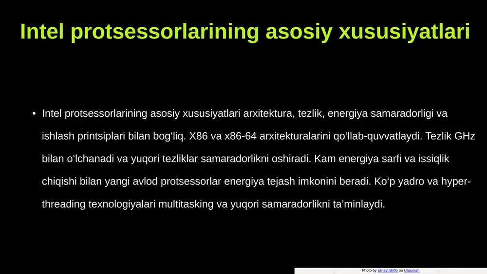 k innovatsiyalar, masalan, hyper-threading va turbo boost joriy etildi. rivojlanish jarayonida muhim o'zgarishlar protsessorlarning rivojlanishida fabrikatsiya texnologiyalari, masalan, litografiya o‘lchamlari kamayishi muhim rol o‘ynadi. bu esa, protsessorlarning tezligi va energiya sarfini kamaytirishga olib keldi. shuningdek, arxitekturaviy o'zgarishlar, masalan, yadro sonining ko‘payishi bilan bog‘liq bo‘ldi. 4004 protsessorining xususiyatlari intel 4004 1971-yilda ishlab chiqarilgan birinchi mikroprotsessor bo'lib, 4-bit arxitekturaga ega, 2 kb ichki xotira va 0.5 mhz chastotada ishlaydi. uning ichida 2,300 tranzistor mavjud bo'lib, u dastlabki hisoblash texnologiyalarining rivojlanishida muhim qadam bo'ldi. bu protsessor kichik qurilmalarda foydalanish uchun mo'ljallangan, texnologik imkoniyatlarni kengaytirdi. birlamchi avlodning ahamiyati 4004 protsessorining muvaffaqiyati mikropprozessor texnologiyasining rivojlanishida asosiy bosqich bo'ldi. u dastlabki texnologiyalar va imkoniyatlar bilan cheklangan bo'lsa-da, bu avlod texnologik yutuqlarni va yangi imkoniyatlarni ochdi. bu protsessor yordamida kompyuterlar kichikroq va arzonroq bo'lib, zamonaviy kompyuter texnologiyalarining poydevorini yaratdi. ikkinchi avlod: 8008 va 8080 8008 va 8080 protsessorlarining farqlari ikkinchi avlodning innovatsiyalari dasturlash imkoniyatlari va qo’llanilishi uchinchi …