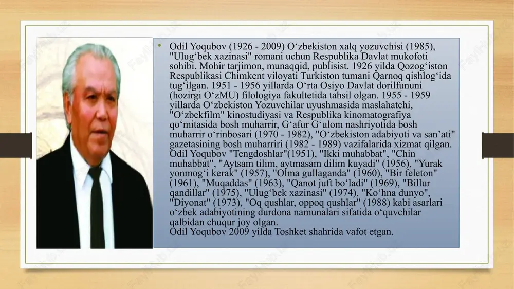 hissa qoʻshgan olimlar ibn sino va beruniyning fojiali taqdiri qalamga olingan. „diyonat“ (1977), „oq qushlar, oppoq qushlar“ (1988), „adolat manzili“ (1998) romanlarida oʻzbek xalqining 20-asrning 60-70 yillaridagi hayoti va kurashi manzaralari haqqoniy tasvirlangan. garchi bu asarlarning asosiy qahramonlari turli sohalarning vakillari, xarakterlari ham turlicha boʻlsa-da, taqdirlari, maqsad va intilishlari bilan bir-birlariga oʻxshaydilar. ular nobop tuzumda yashab koʻp nohaqliklarni, fojialarni boshdan kechirgan, ammo tinmay mehnat qilgan va kurashgan, milliy mustaqillik poydevorini qurgan, mustahkam irodali, mard va olijanob insonlardir. yoqubov mazkur romanlari bilan oʻzbek nasridagi ijtimoiy ruh, keskin konflikt, xarakterlar, psixologizmni sezilarli darajada kuchaytirdi, uni yangi xarakterlar, yangi badiiy xulosalar bilan boyitdi. yoqubov „chin muhabbat“ (1955), „aytsam tilim, aytmasam dilim kuyadi“, „yurak yonmogʻi kerak“ (1958), „olma gullaganda“ (1961), „muzaffar temur“ (1996), „bir koshona sirlari“ (2000) kabi pyesalar, „dilbarim“, „bahor yomgʻirlari“ kinossenariylari (1971) muallifi. o. yoqubovning „tengdoshlar“ nomli birinchi qissasi 1951-yilda bosilib chiqqan. keyinchalik yozuvchi „muqaddas“, „tilla uzuk“, „bir feleton qissasi“, „larza“, „qanot …