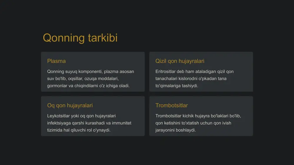 ab turish uchun to'r hosil qiladi. qon ivishi qon tomirlari shikastlanganda qon ketishini to'xtatadigan hayotiy jarayondir. trombotsitlar pıhtılaşma reaktsiyasini boshlaydi, bu esa murakkab koagulyatsiya kaskadini qo'zg'atadi. bu oxir-oqibatda barqaror qon pıhtısı hosil qilish uchun o'zaro bog'langan fibrin iplarining shakllanishiga olib keladi. ushbu tez ivish mexanizmi jarohatlar paytida ortiqcha qon yo'qotishning oldini olishga yordam beradi. 7 qon bosimi va uning tartibga solinishi qon bosimi - bu butun tanada aylanayotganda qonning qon tomirlari devorlariga ta'sir qiladigan kuchi. bu yurak-qon tomir salomatligining hal qiluvchi ko'rsatkichidir va fiziologik mexanizmlarning murakkab o'zaro ta'siri bilan tartibga solinadi. tananing renin-angiotensin-aldosteron tizimi va simpatik asab tizimi kabi tartibga solish tizimlari qon bosimini sog'lom diapazonda ushlab turish uchun ishlaydi. stress, jismoniy faollik va ovqatlanish kabi omillar qon bosimi darajasiga ta'sir qilishi mumkin. qon bosimini nazorat qilish va boshqarish umumiy salomatlikni saqlash va gipertoniya kabi holatlarning oldini olish uchun zarurdir, bu nazorat qilinmasa, yanada jiddiy asoratlarga olib kelishi mumkin. 8 …