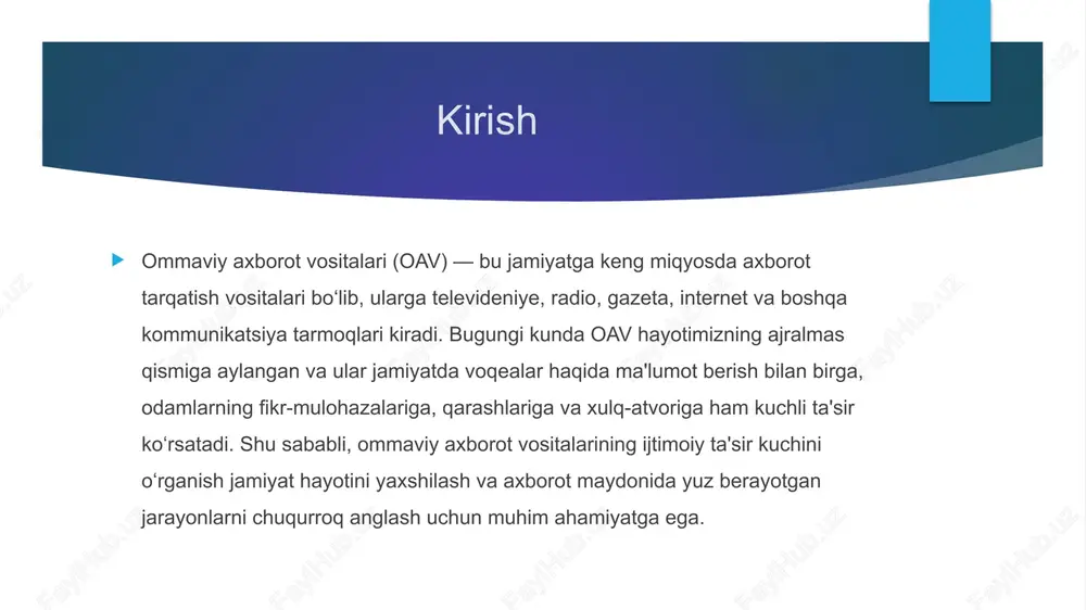 lanilgan adabiyotlar mcquail, d. (2010). mass communication theory. sage publications. baran, s. j. (2015). introduction to mass communication: media literacy and culture. mcgraw-hill education. katz, e., blumler, j. g., & gurevitch, m. (1973). uses and gratifications research. public opinion quarterly. berelson, b., lazarsfeld, p. f., & mcphee, w. n. (1954). voting: a study of opinion formation in a presidential campaign. university of chicago press. lazarsfeld, p. f., & merton, r. k. (1948). mass communication, popular taste, and organized social action. hall, s. (1980). encoding/decoding. in culture, media, language. karimov, a. (2018). ommaviy axborot vositalari va jamiyat. toshkent: universitet nashriyoti. image1.jpeg /docprops/thumbnail.jpeg